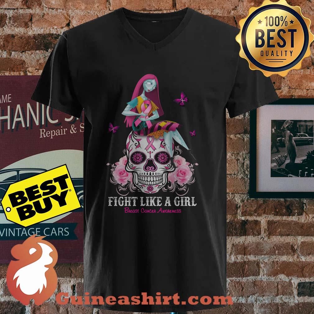 Fight Like A Girl Breast Cancer Awareness Skull Flower v neck