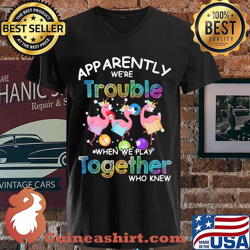Apparently we're trouble when we play together who knew Flamingo version s V-neck