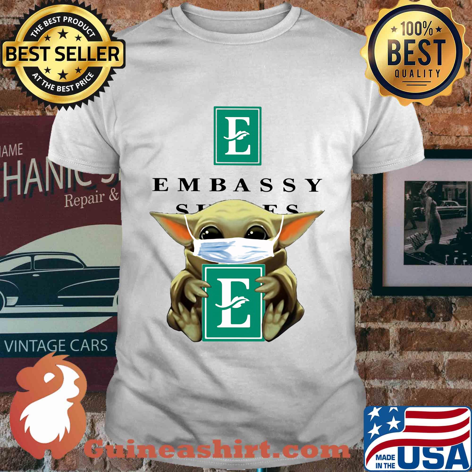 Baby Yoda mask hug Embassy shirt
