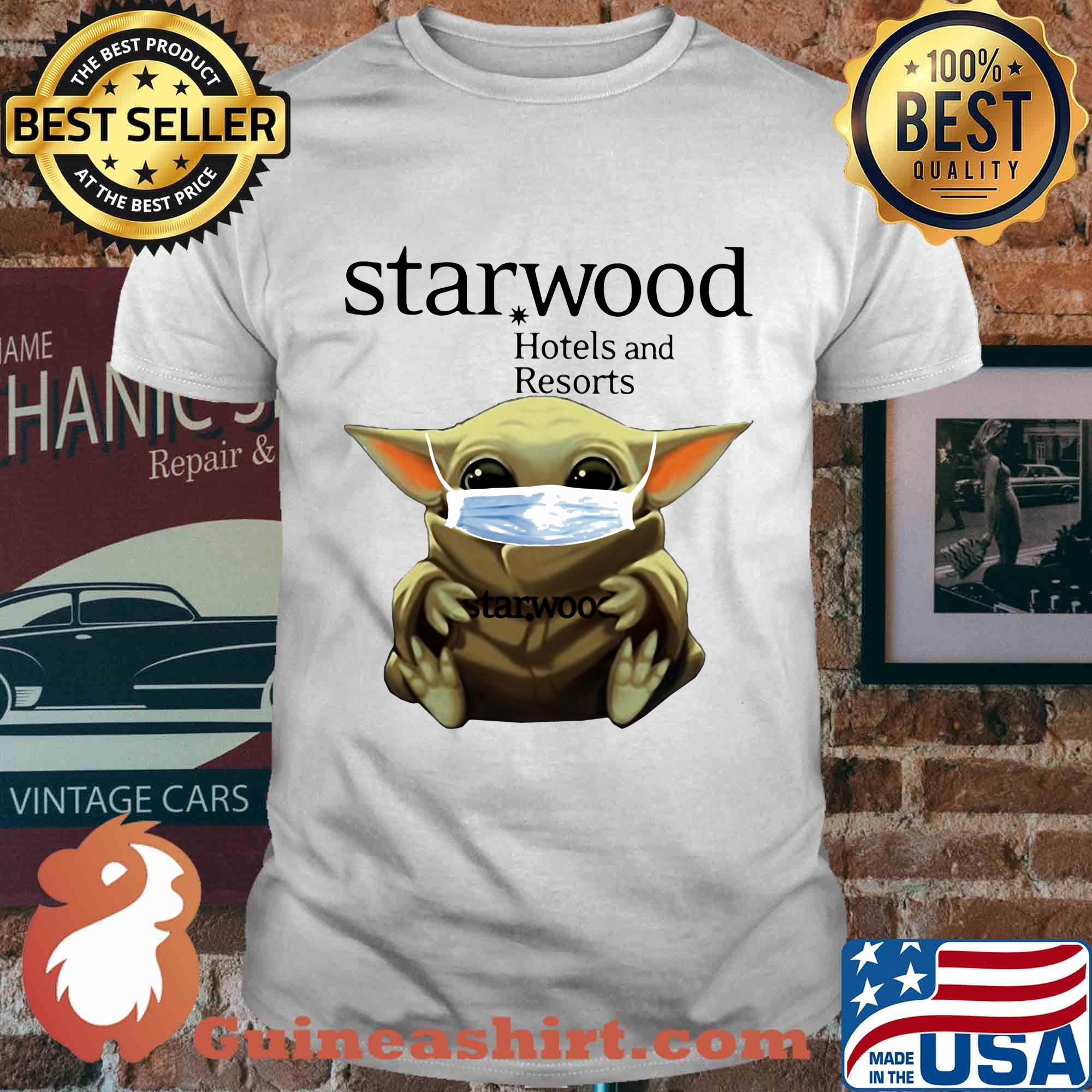 Baby Yoda mask hug Starwood Hotels and Resorts shirt