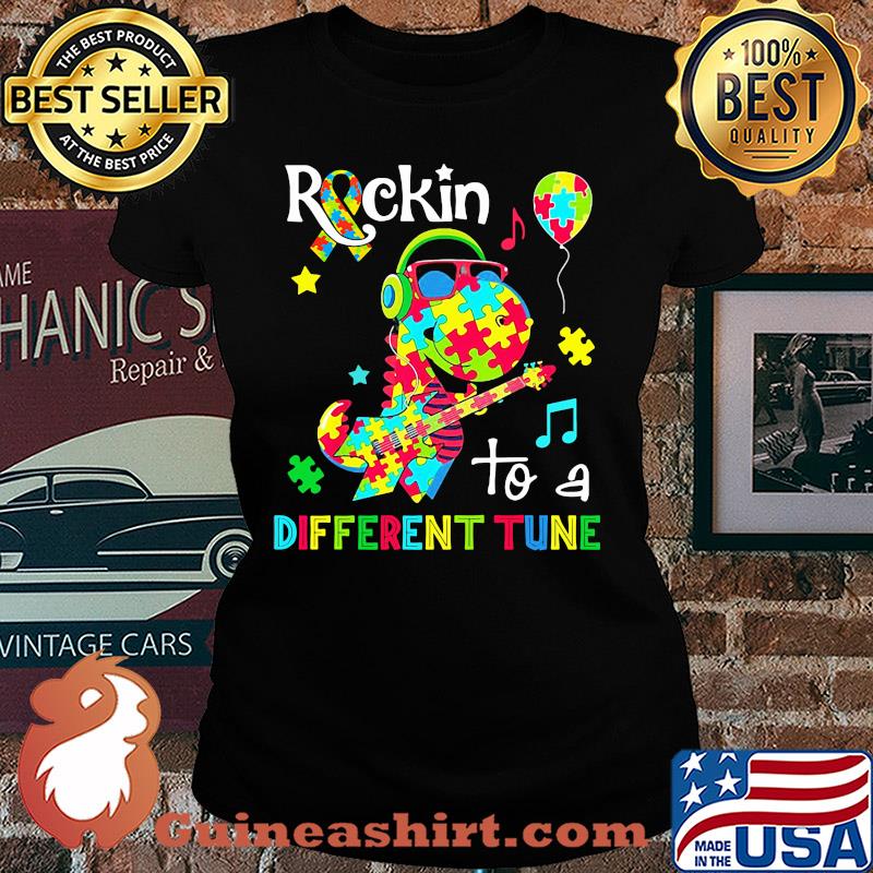 Dinosaur T Rex Rockin to a different tune Autism awareness s Ladies tee