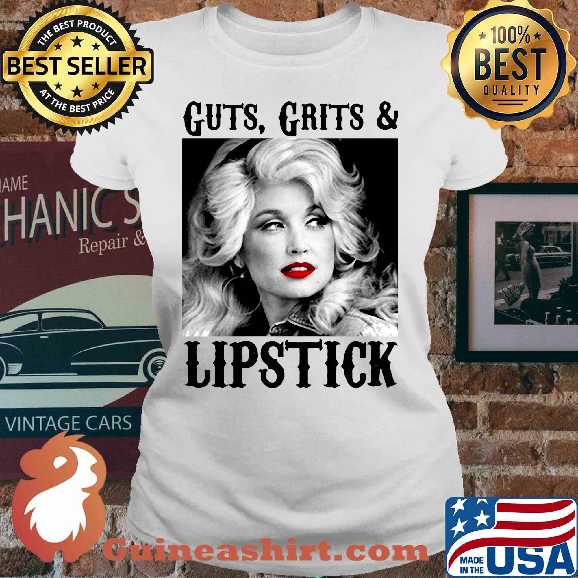 Guts grits and lipstick dolly parton picture white black s V-neck