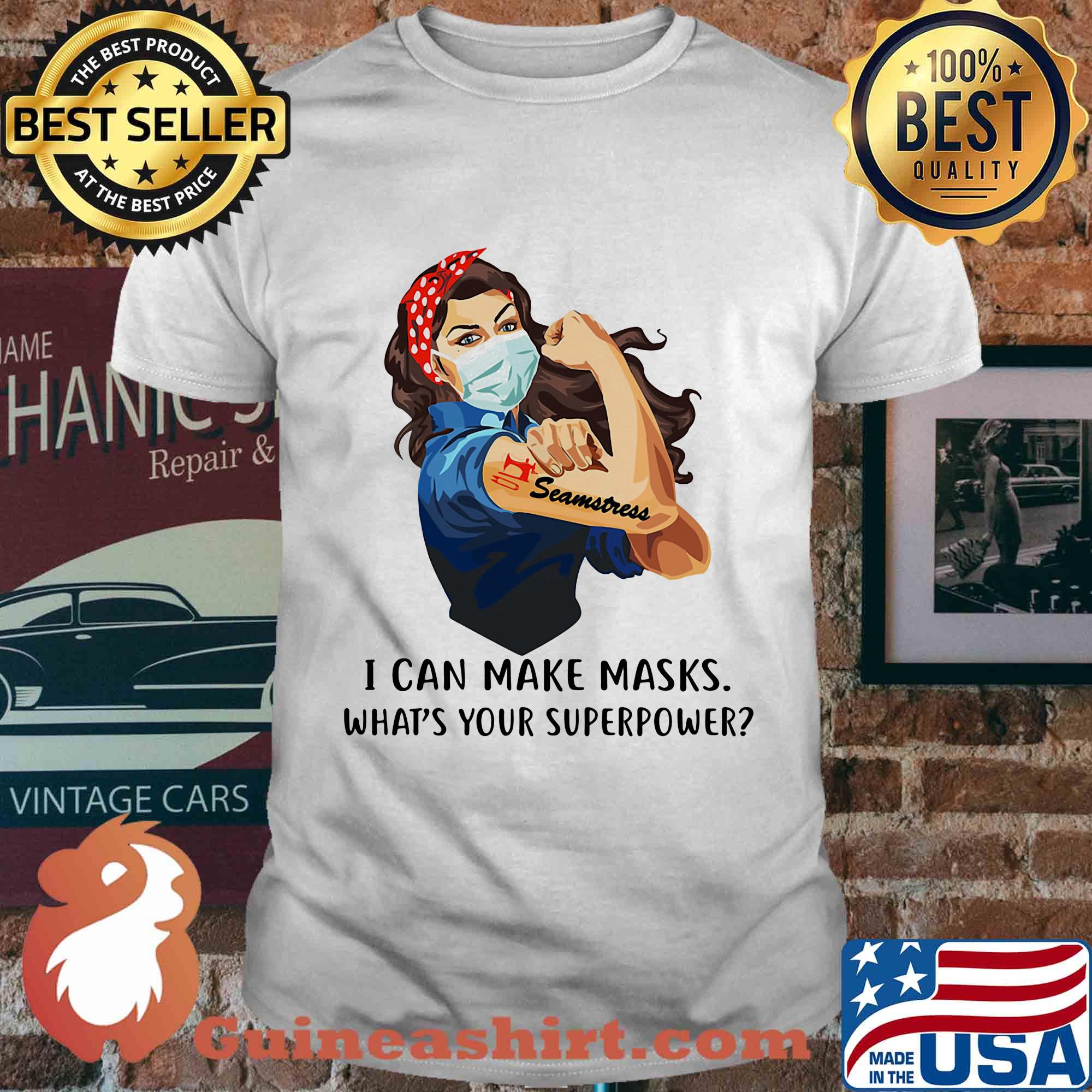 Strong woman tattoos seamstress i can make masks what’s your superpower covid-19 shirt