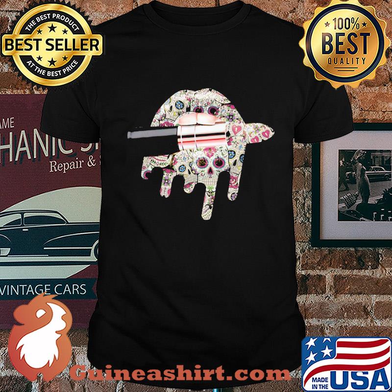 Sugar skull lip bite lipstick Hippie shirt