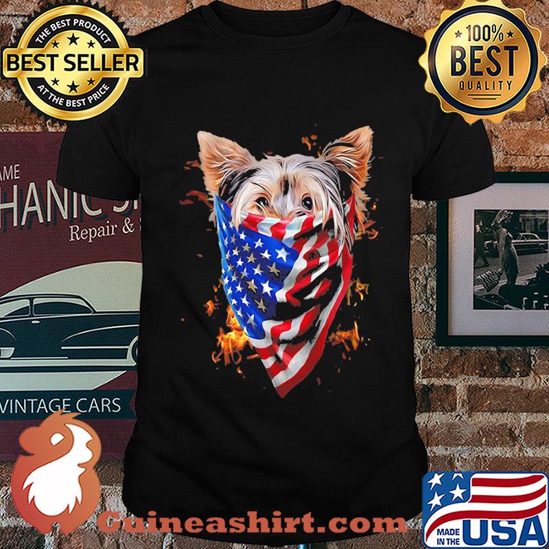 Yorkshire terrier fire in sight american flag shirt
