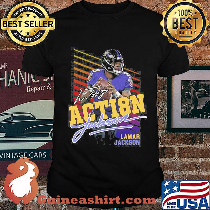8 action Lamar Jackson Baltimore Ravens football signature shirt