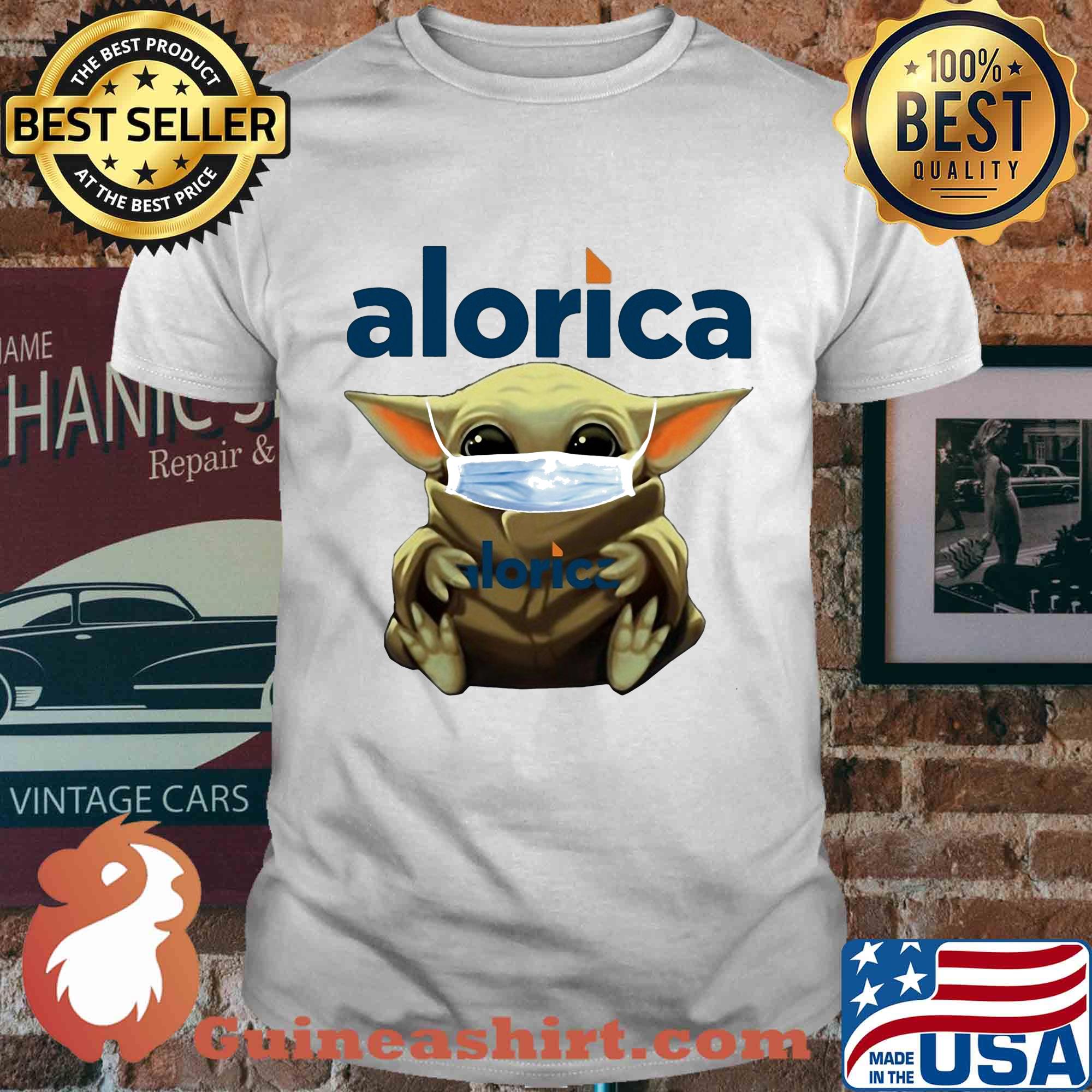 Baby Yoda face mask hug Alorica shirt