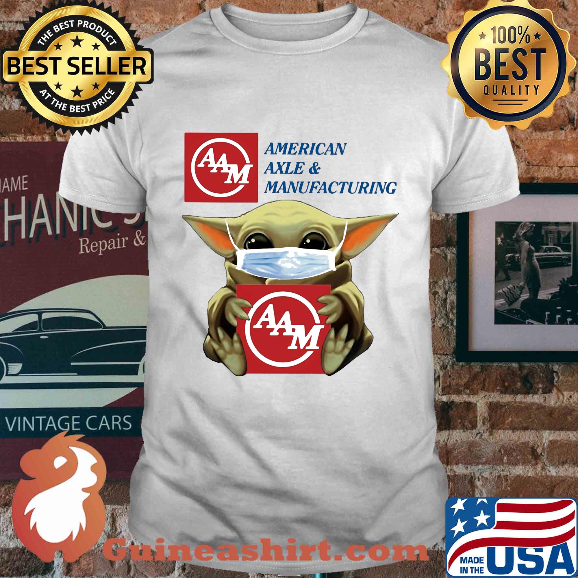 Baby Yoda face mask hug American Axle and Manufacturing shirt