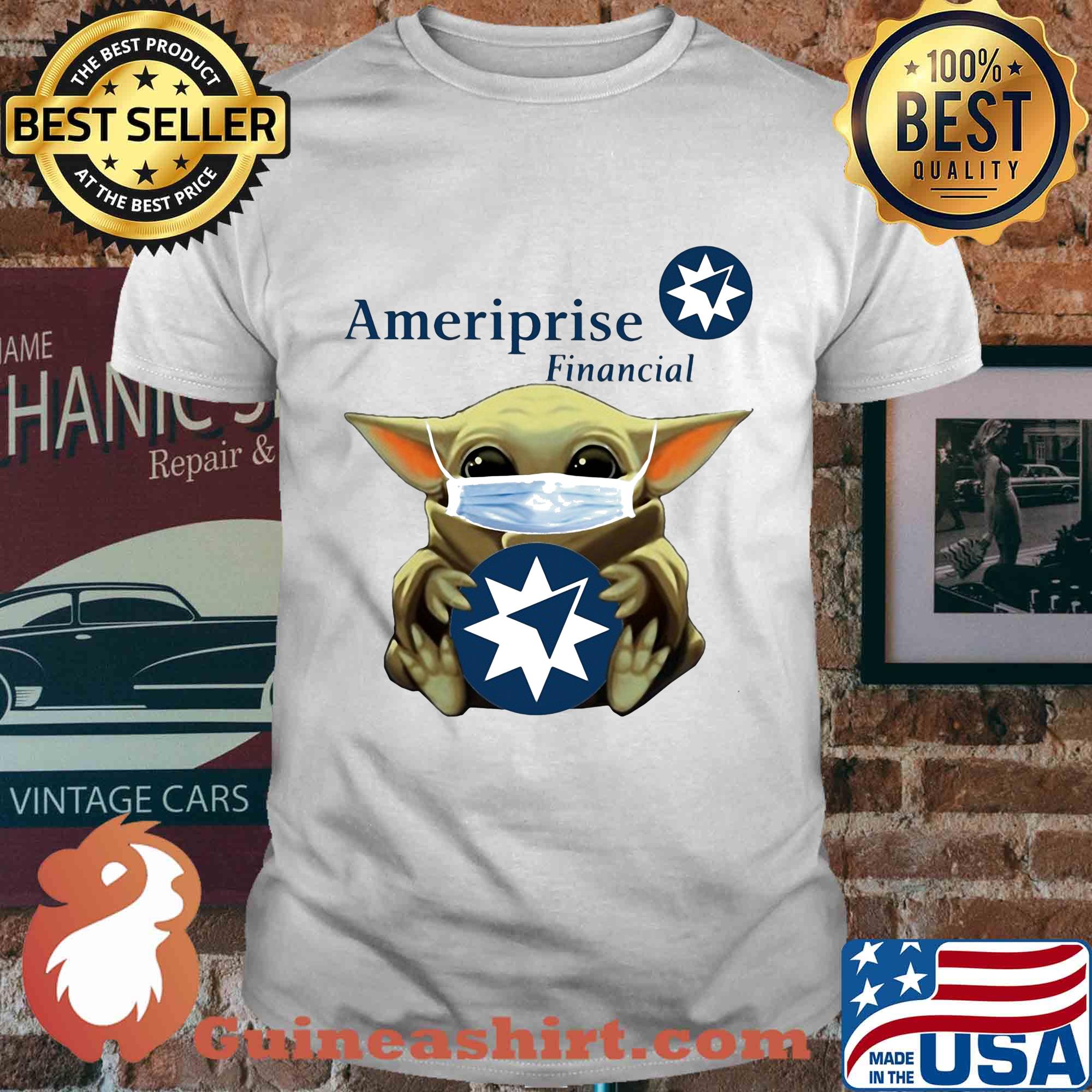 Baby Yoda face mask hug Ameriprise Financial shirt