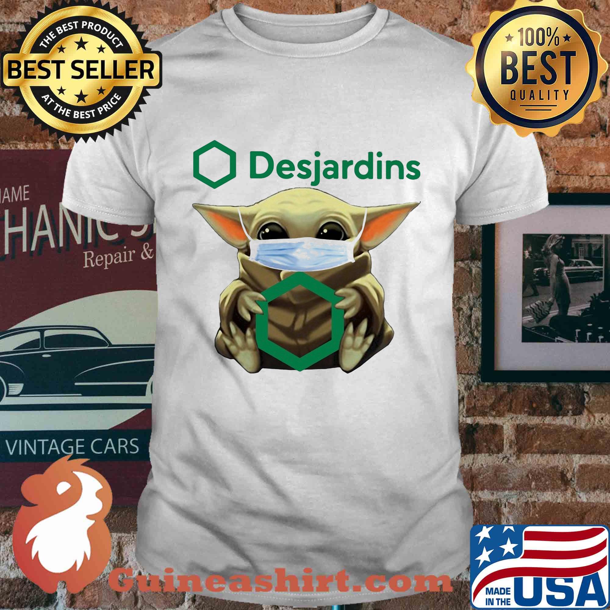 Baby Yoda face mask hug Desjardins shirt