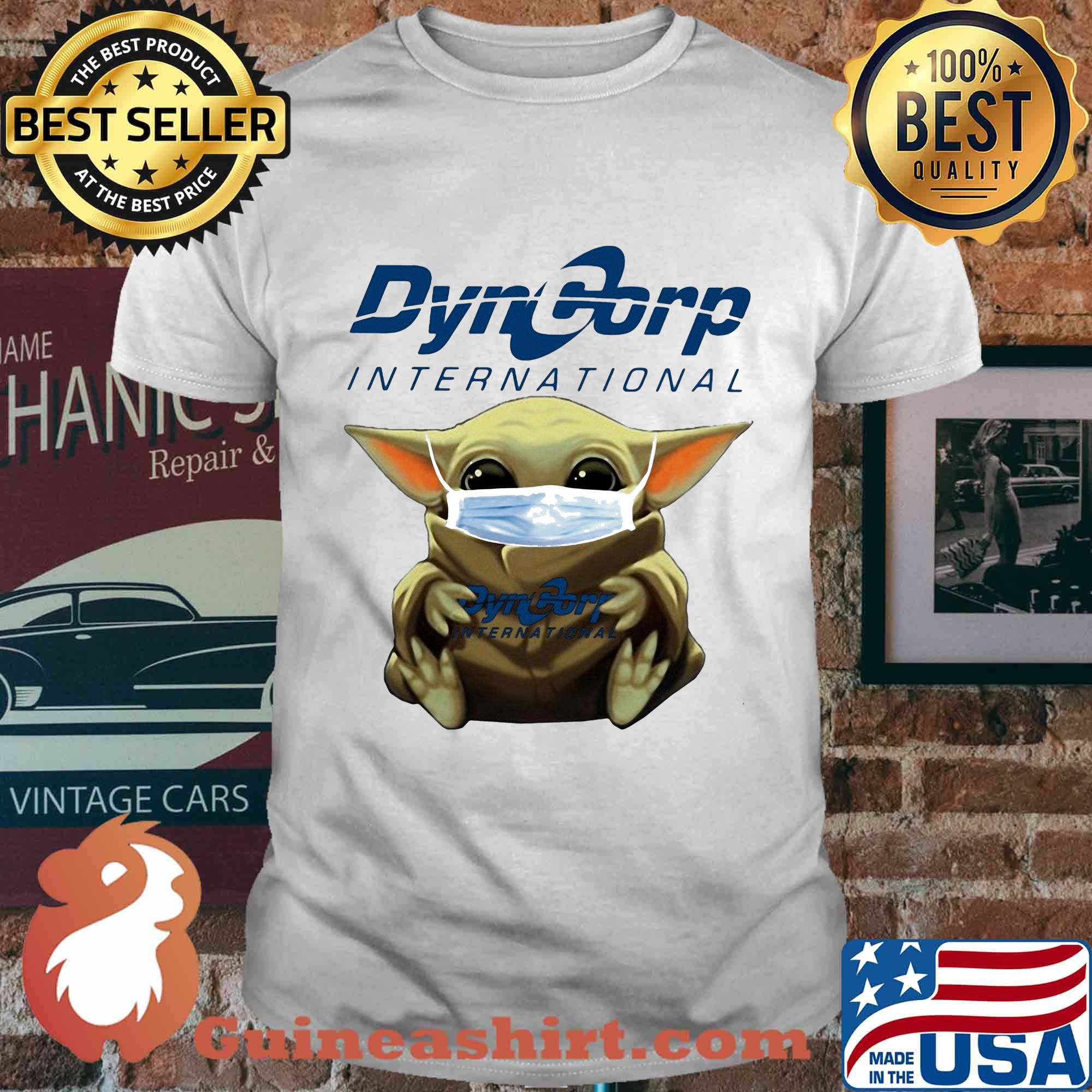 Baby Yoda face mask hug DynCorp International shirt