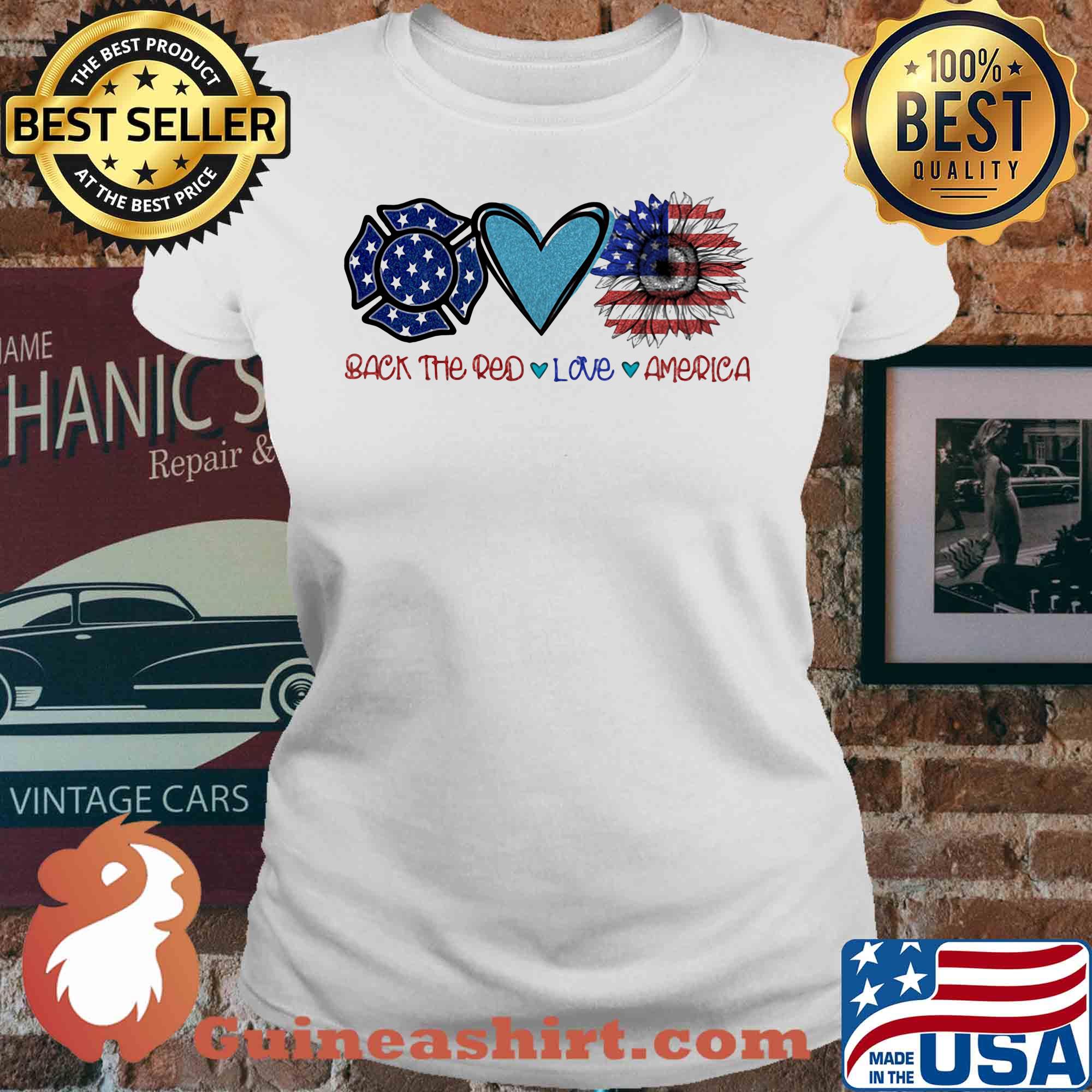 Back the red Firefighter love heart sunflower American flag veteran Independence Day s V-neck