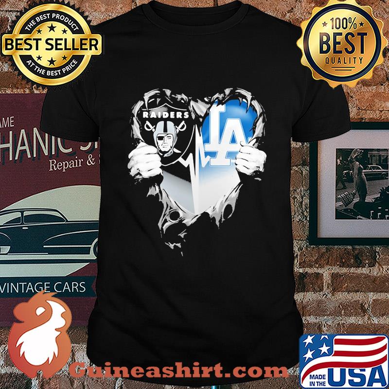 Blood inside oakland raiders and los angeles dodgers heart heartbeat shirt