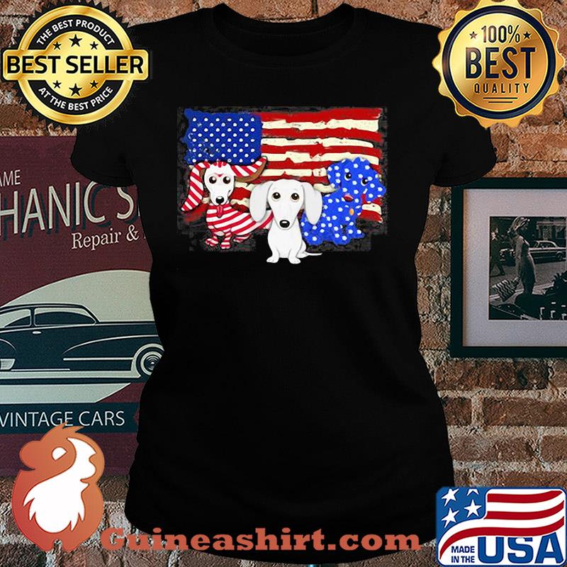 Dachshund 2 flag US American flag Independence Day veteran s Ladies tee