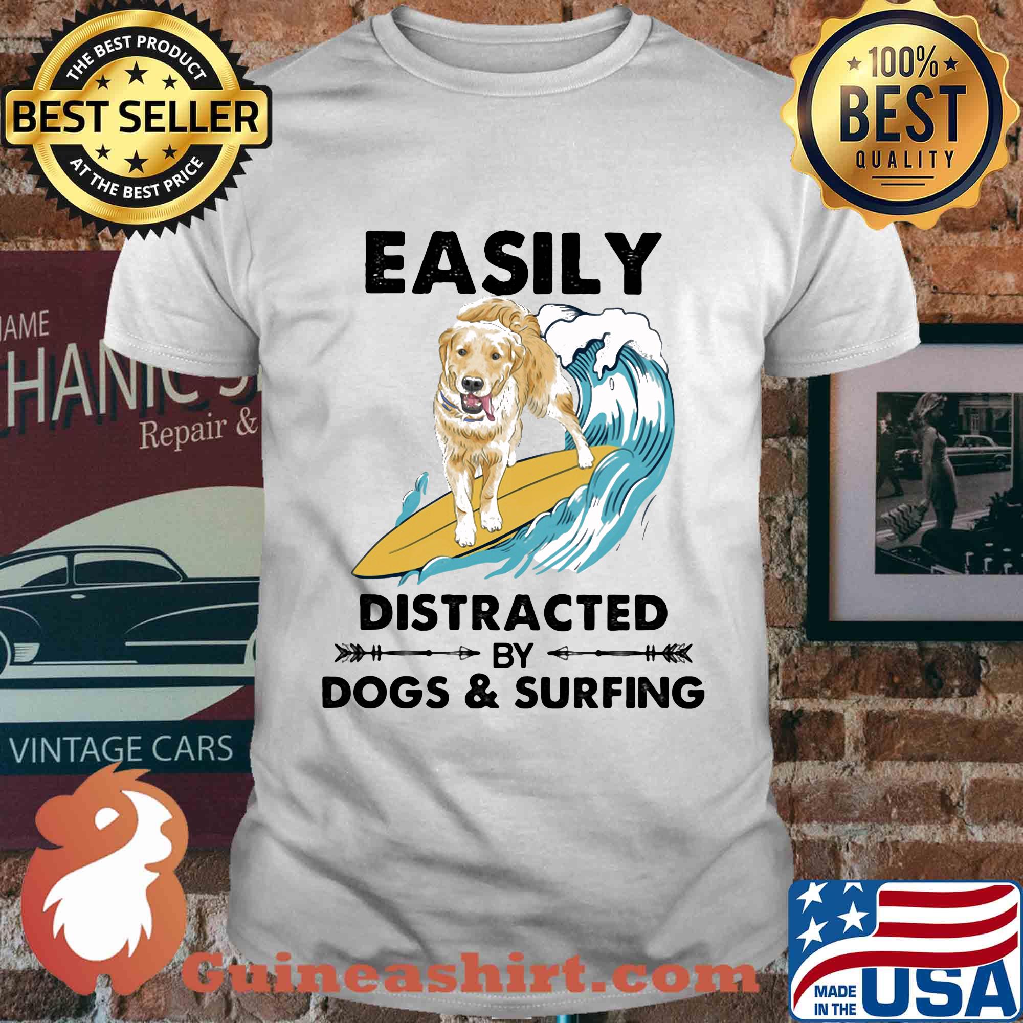 Dog labrador easily distracted by dogs and surfing shirt