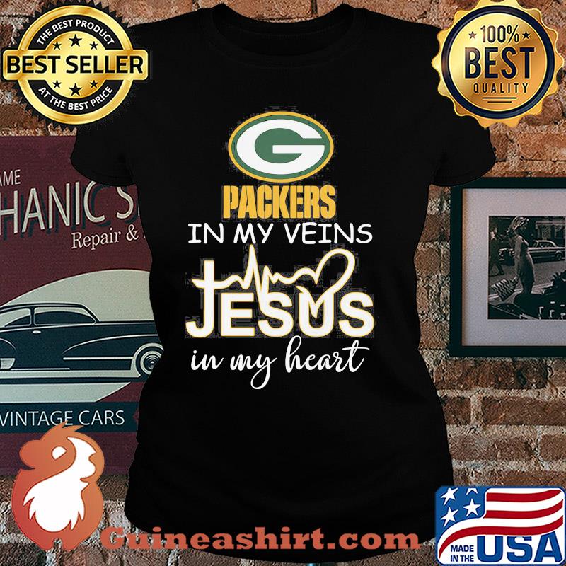 Green Bay Packers in my veins Jesus in my heart s Ladies tee