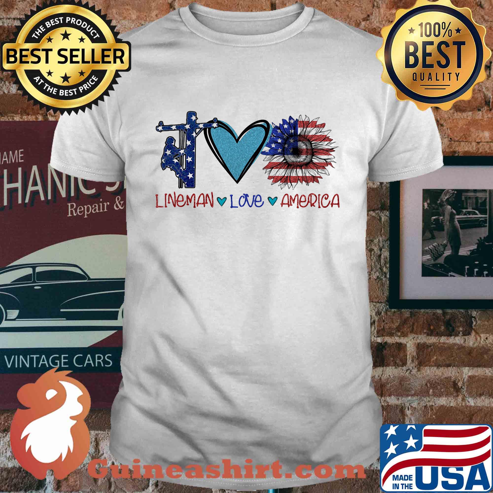 Lineman love heart sunflower American flag veteran Independence Day shirt