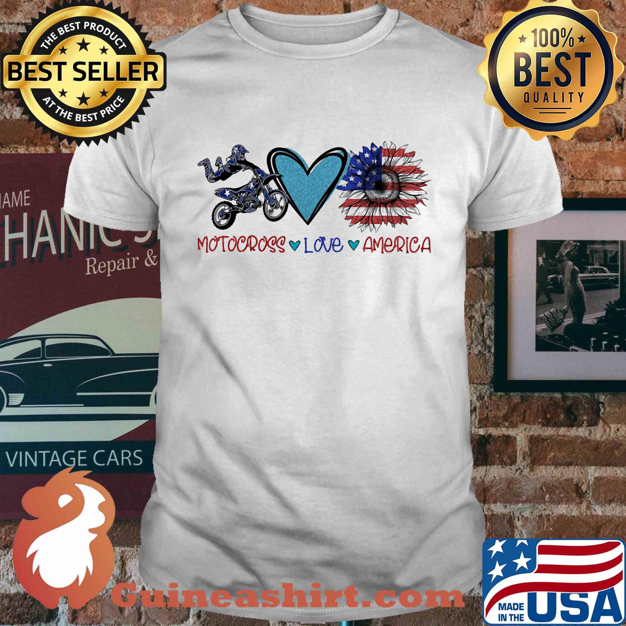 Motocross love heart sunflower American flag veteran Independence Day shirt