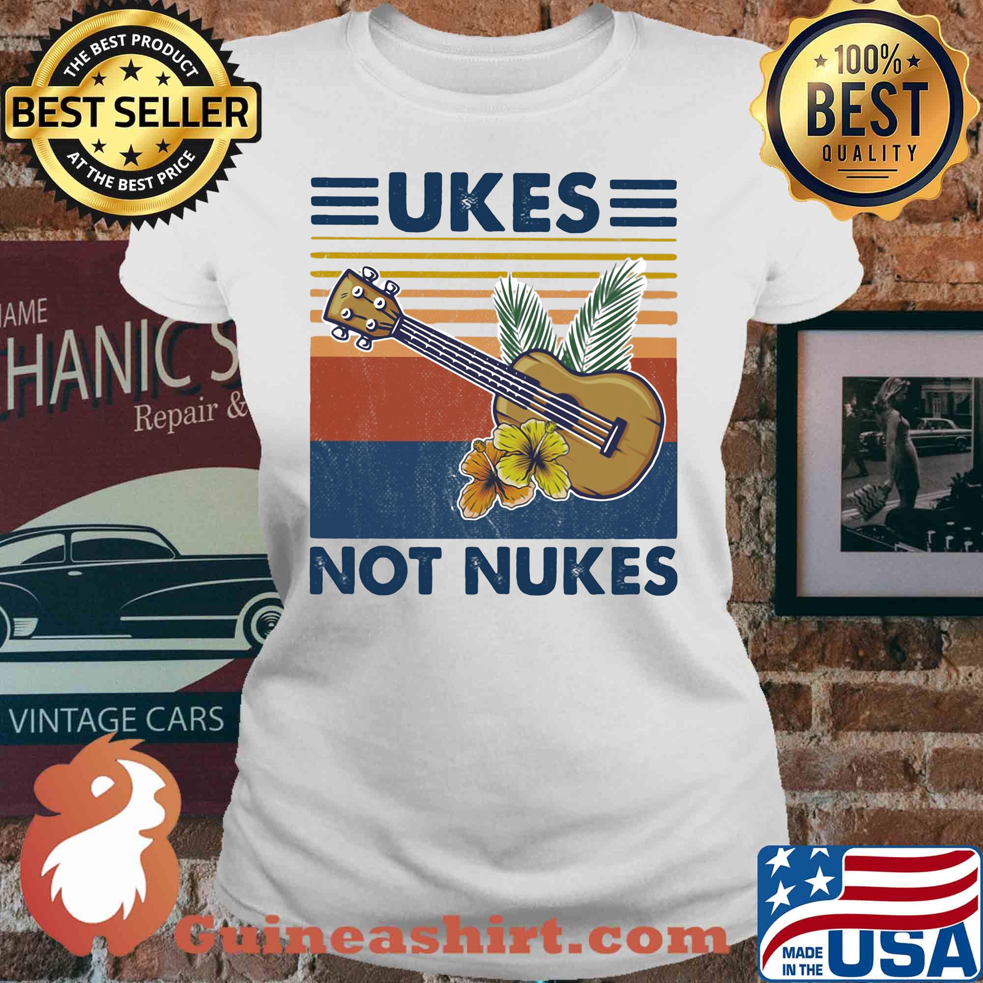 Music ukes not nukes flowers vintage s V-neck