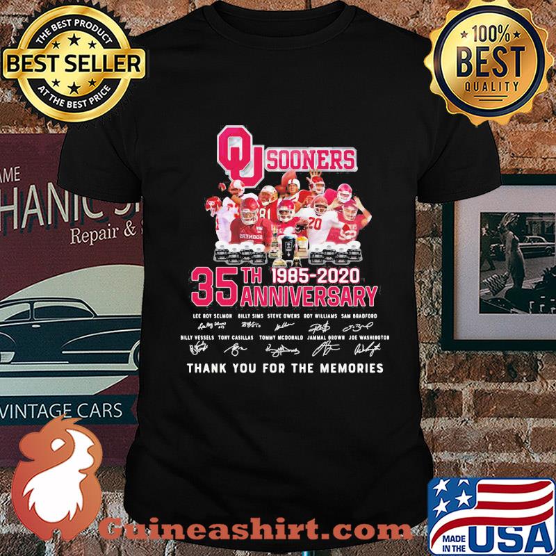 Oklahoma sooners 35th anniversary 1885 2020 thank you for the memories signatures shirt