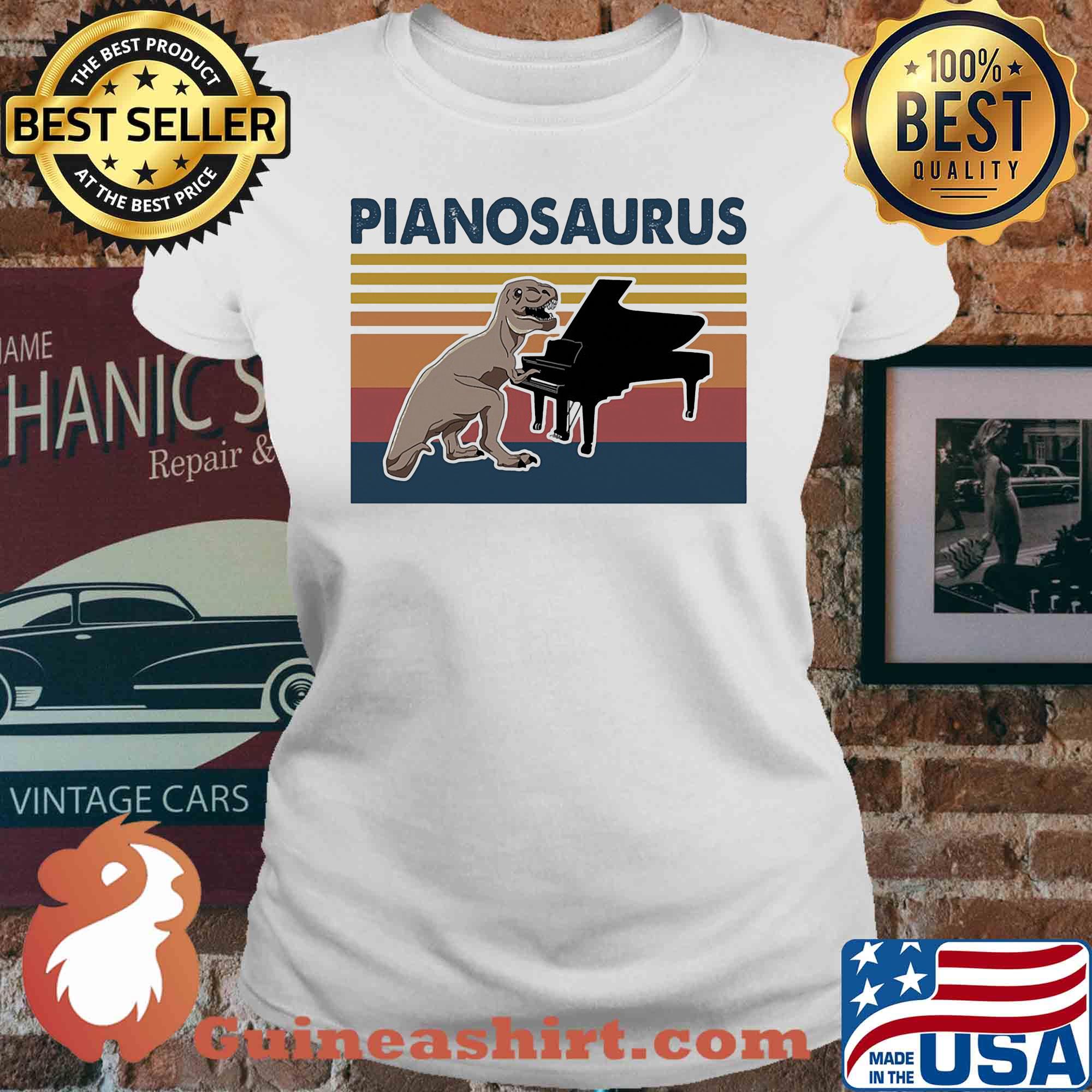 Pianosaurus dinosaur playing piano vintage s V-neck