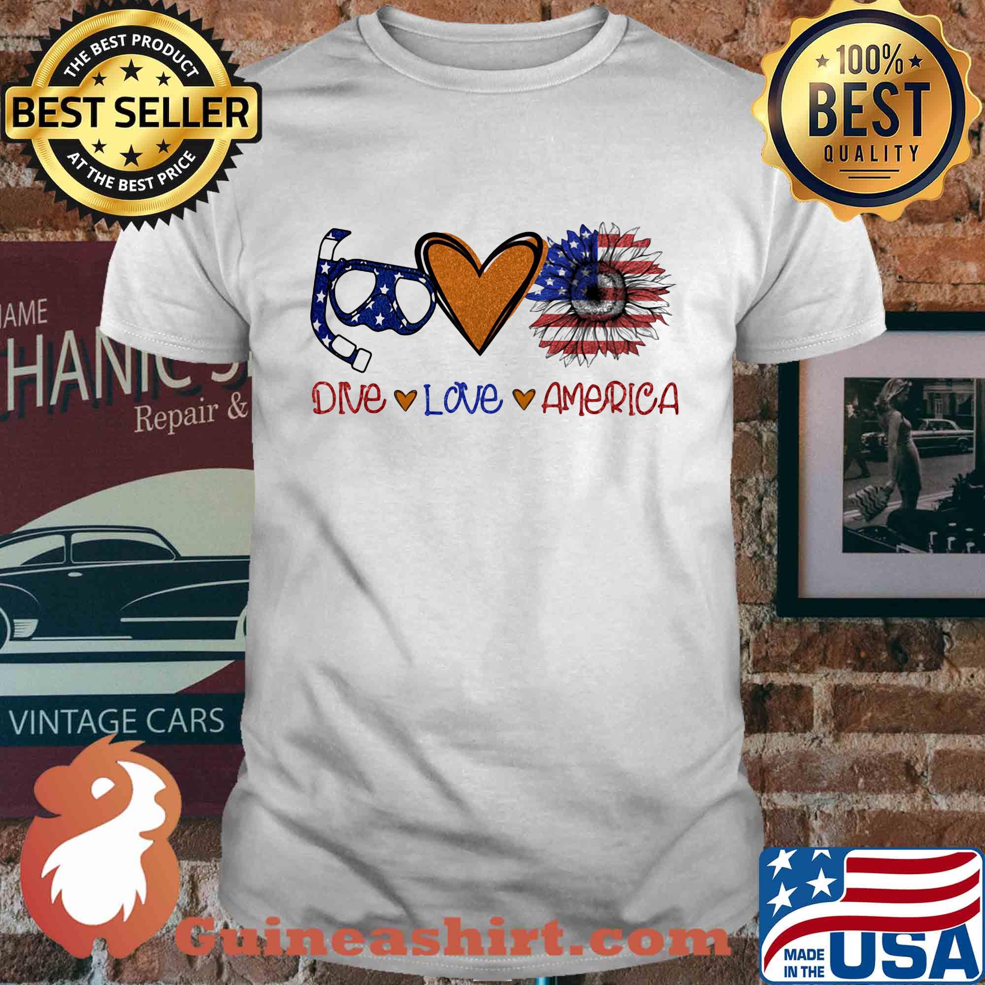 Scuba diving dive love heart sunflower American flag veteran Independence Day shirt