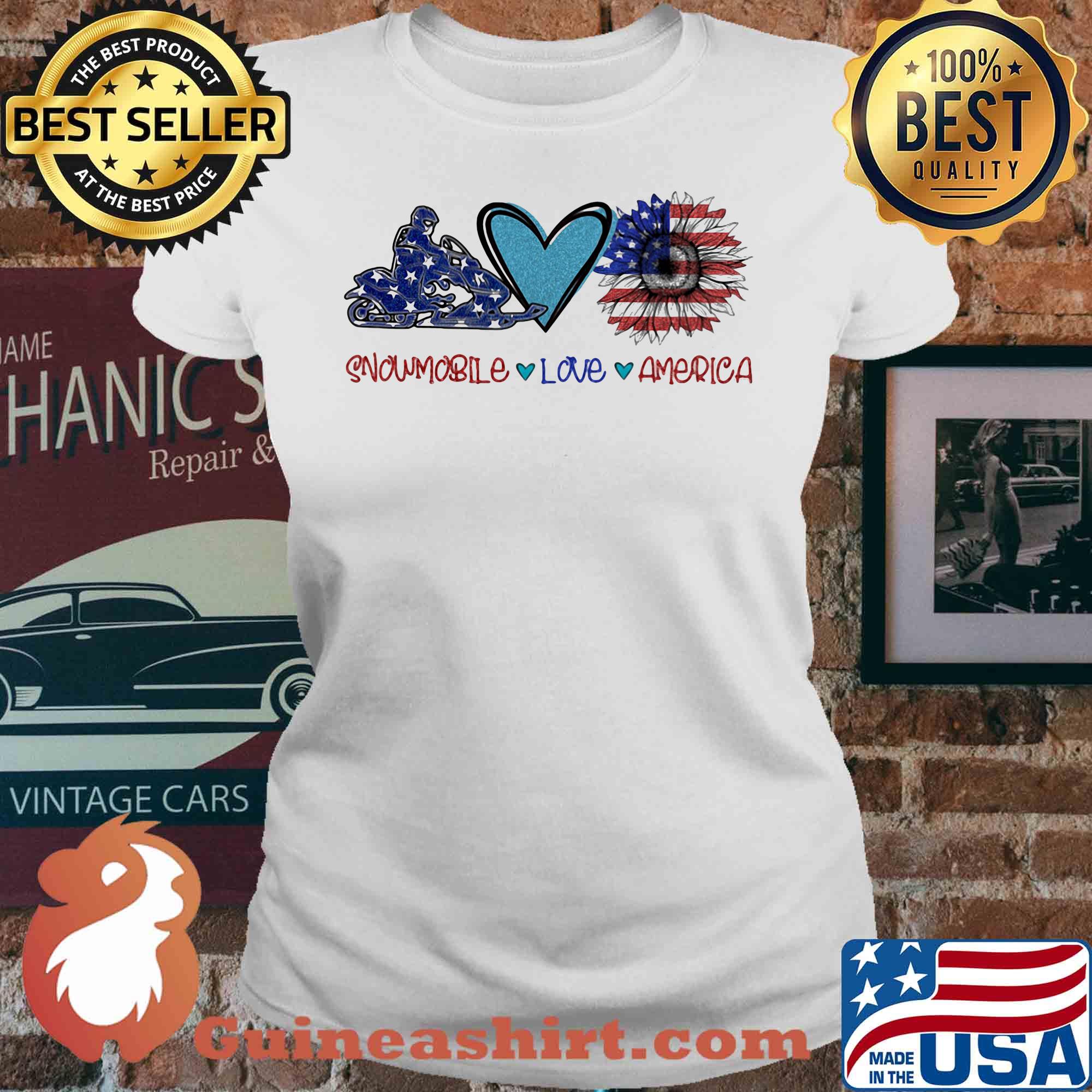 Snowmobile love heart sunflower American flag veteran Independence Day s V-neck