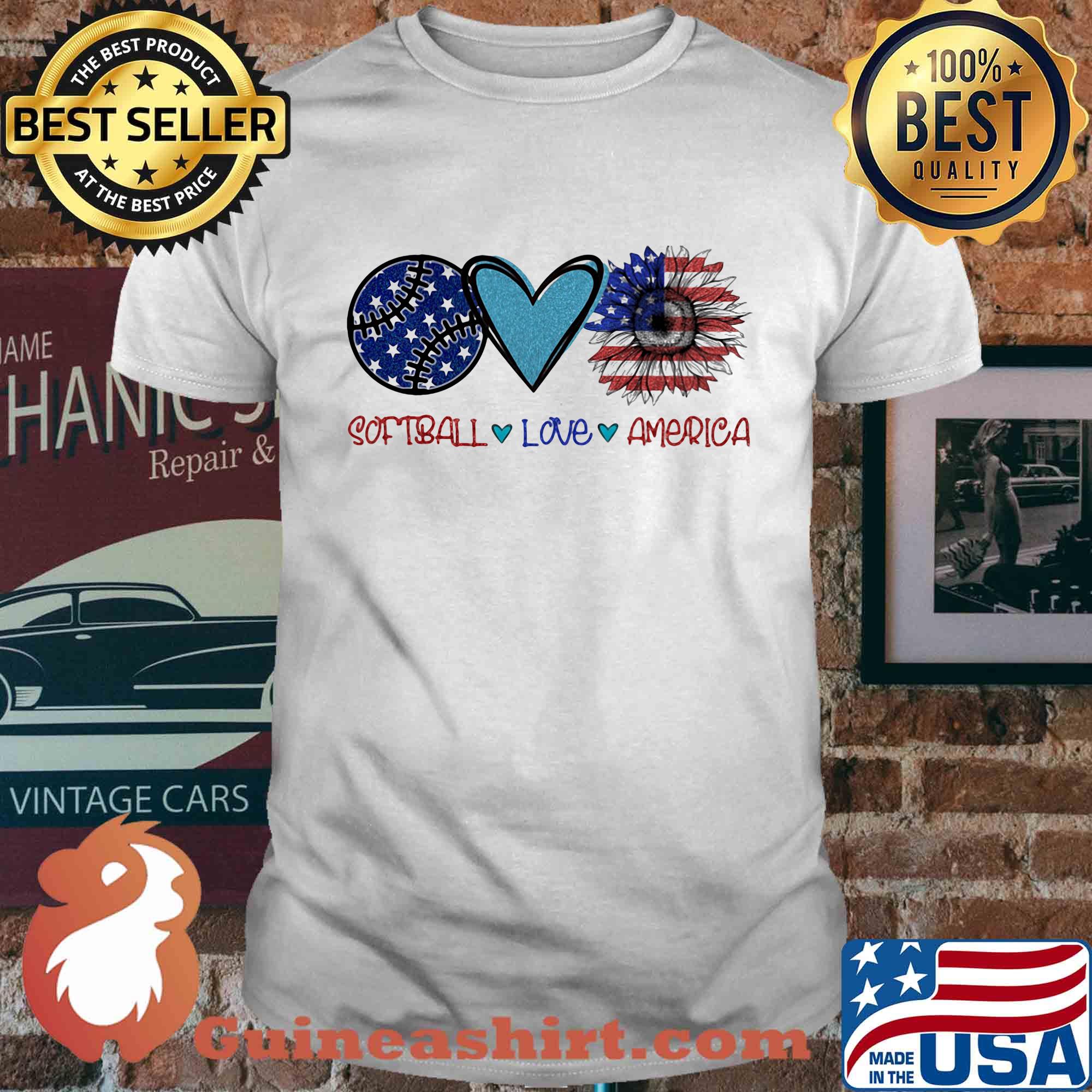 Softball love heart sunflower American flag veteran Independence Day shirt