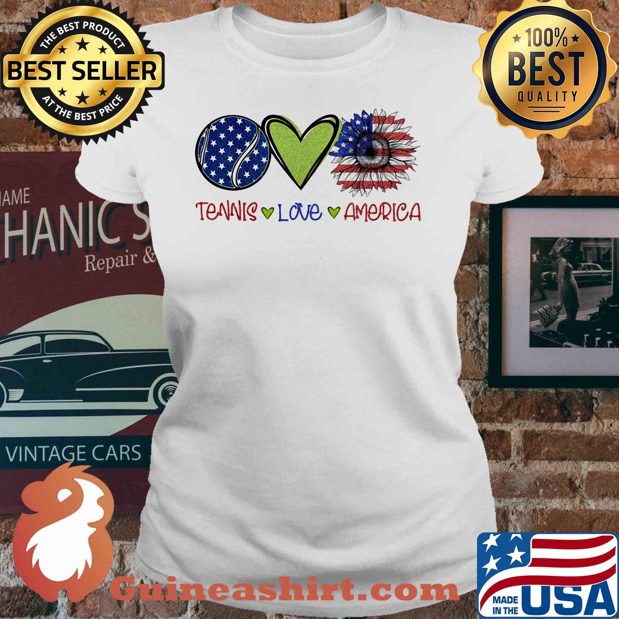 Tennis love heart sunflower American flag veteran Independence Day s V-neck