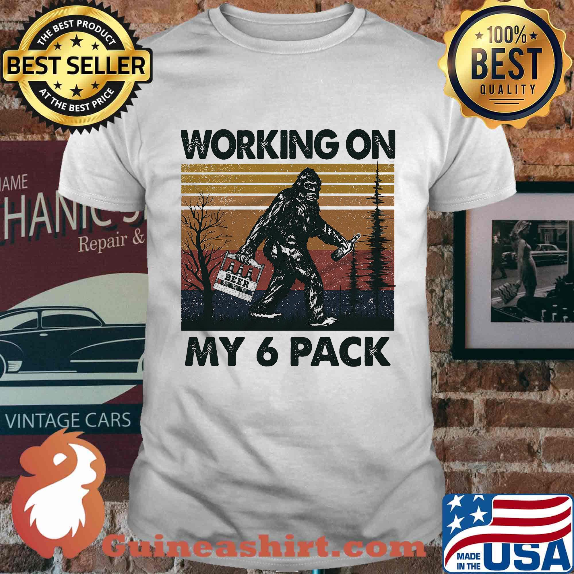 Bigfoot working on my 6 pack vintage retro shirt