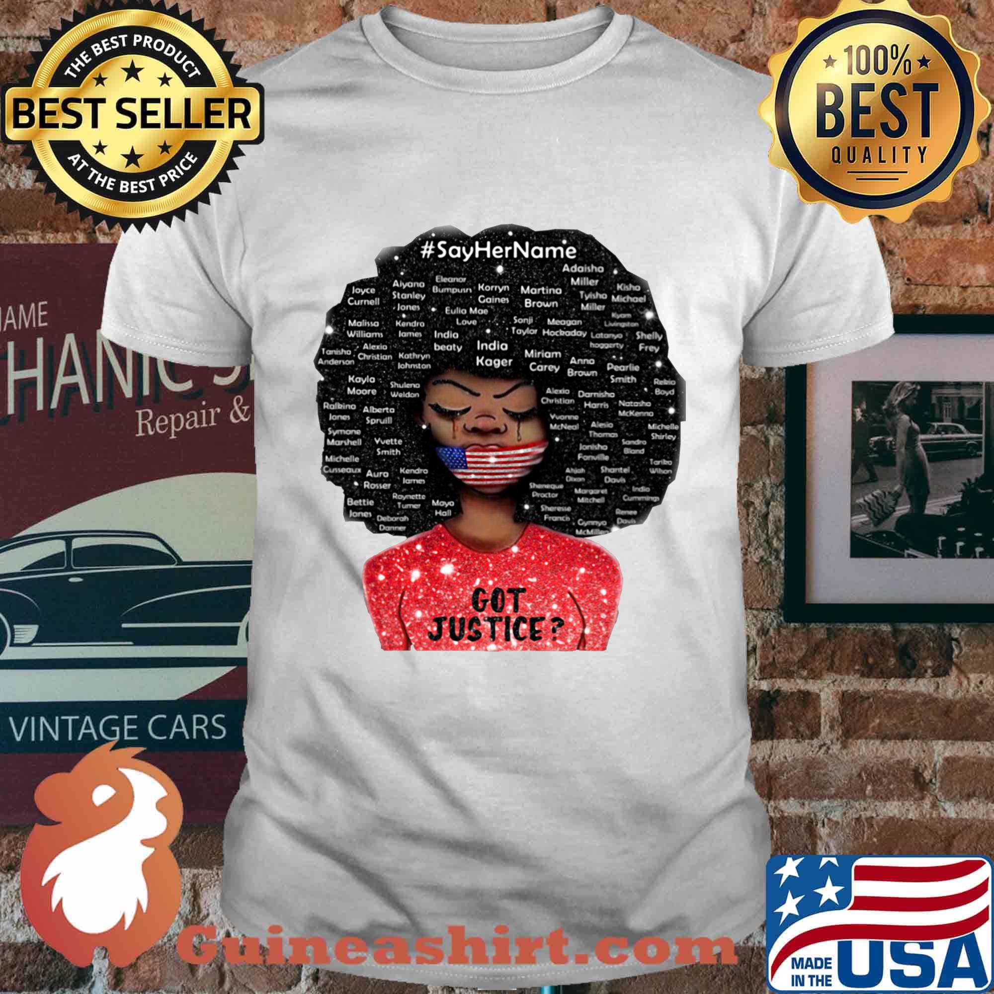 Black woman say her name got justice mask american flag independence day shirt