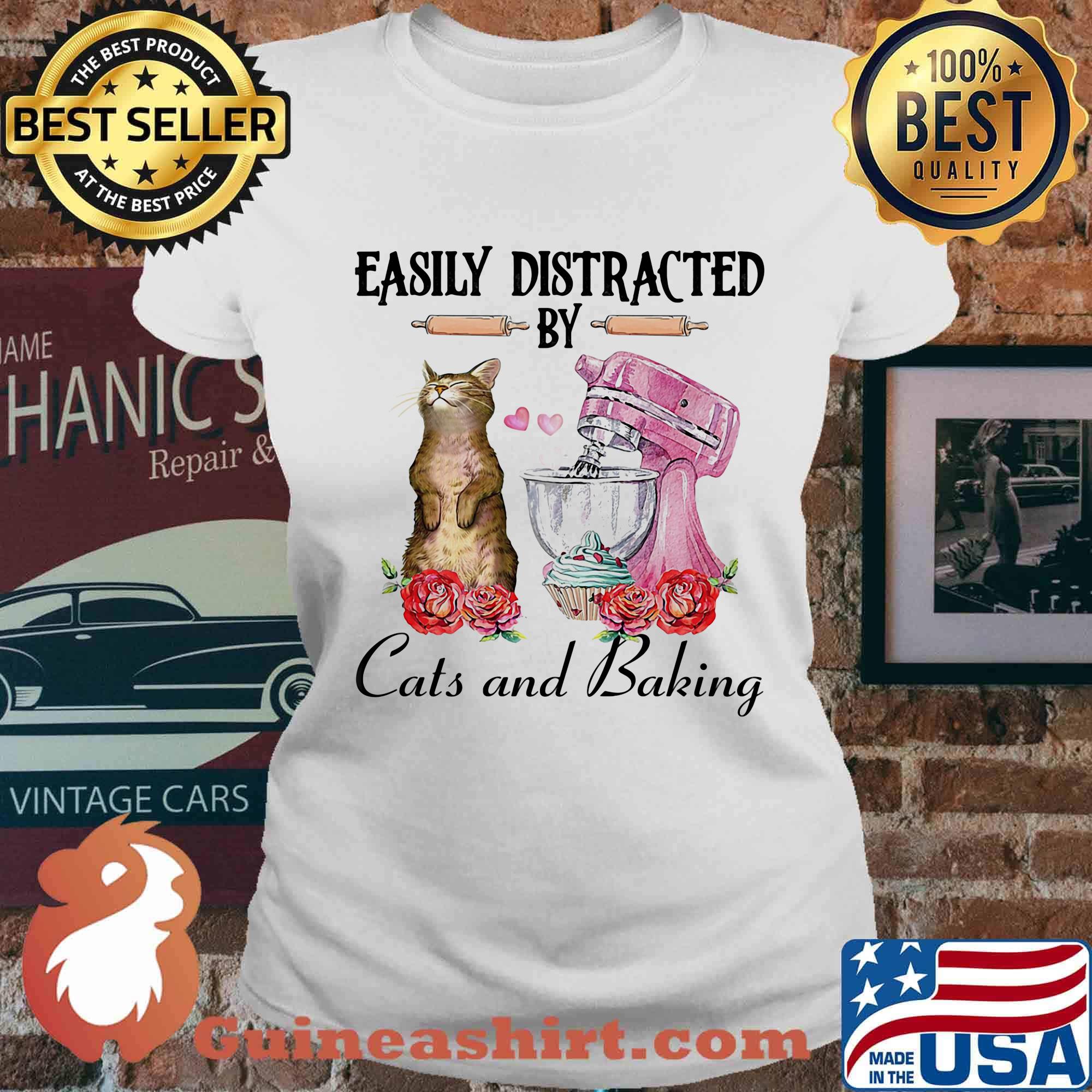 Easily distracted by cats and baking rose heart shirt s Ladies tee