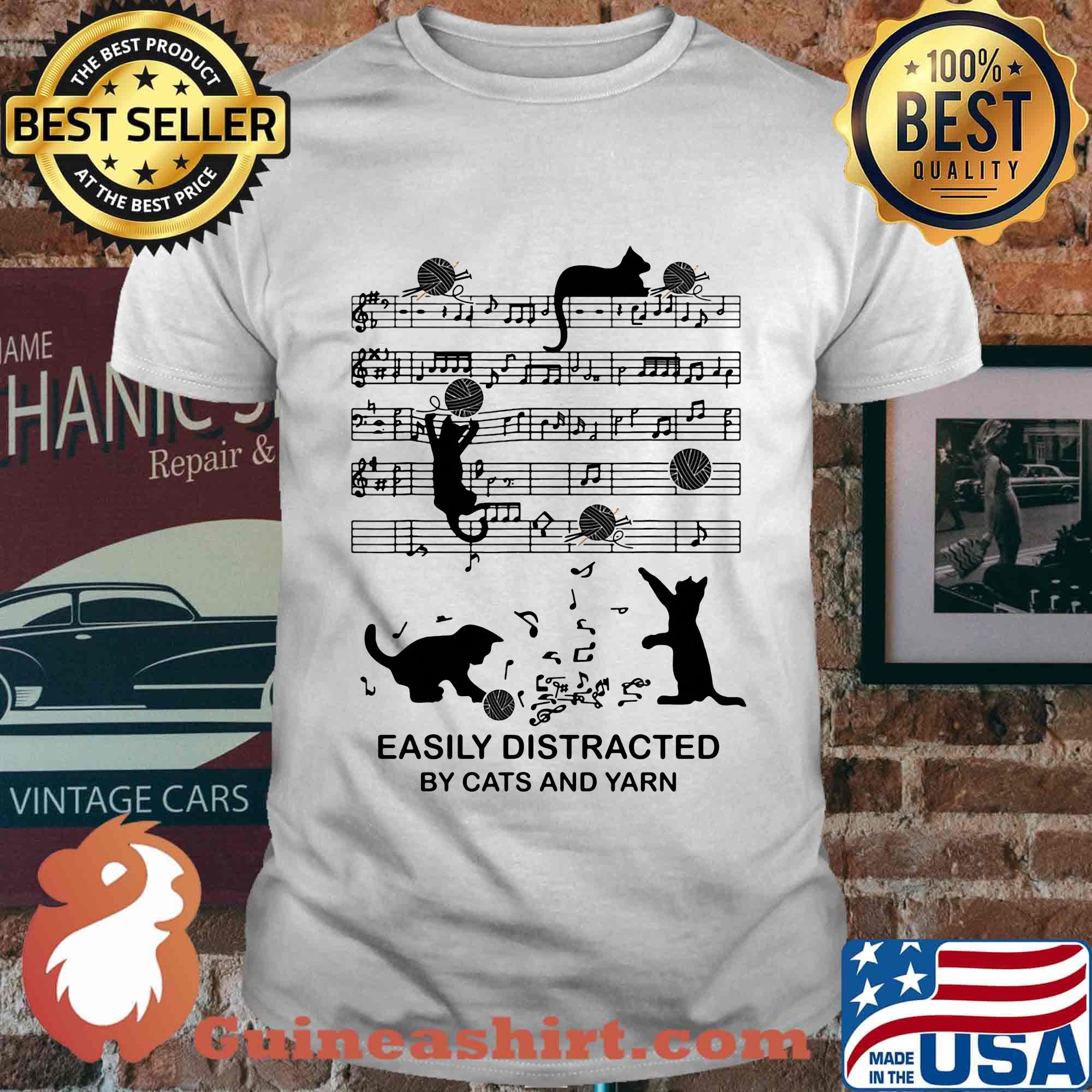 Easily distracted by cats and yarn music shirt