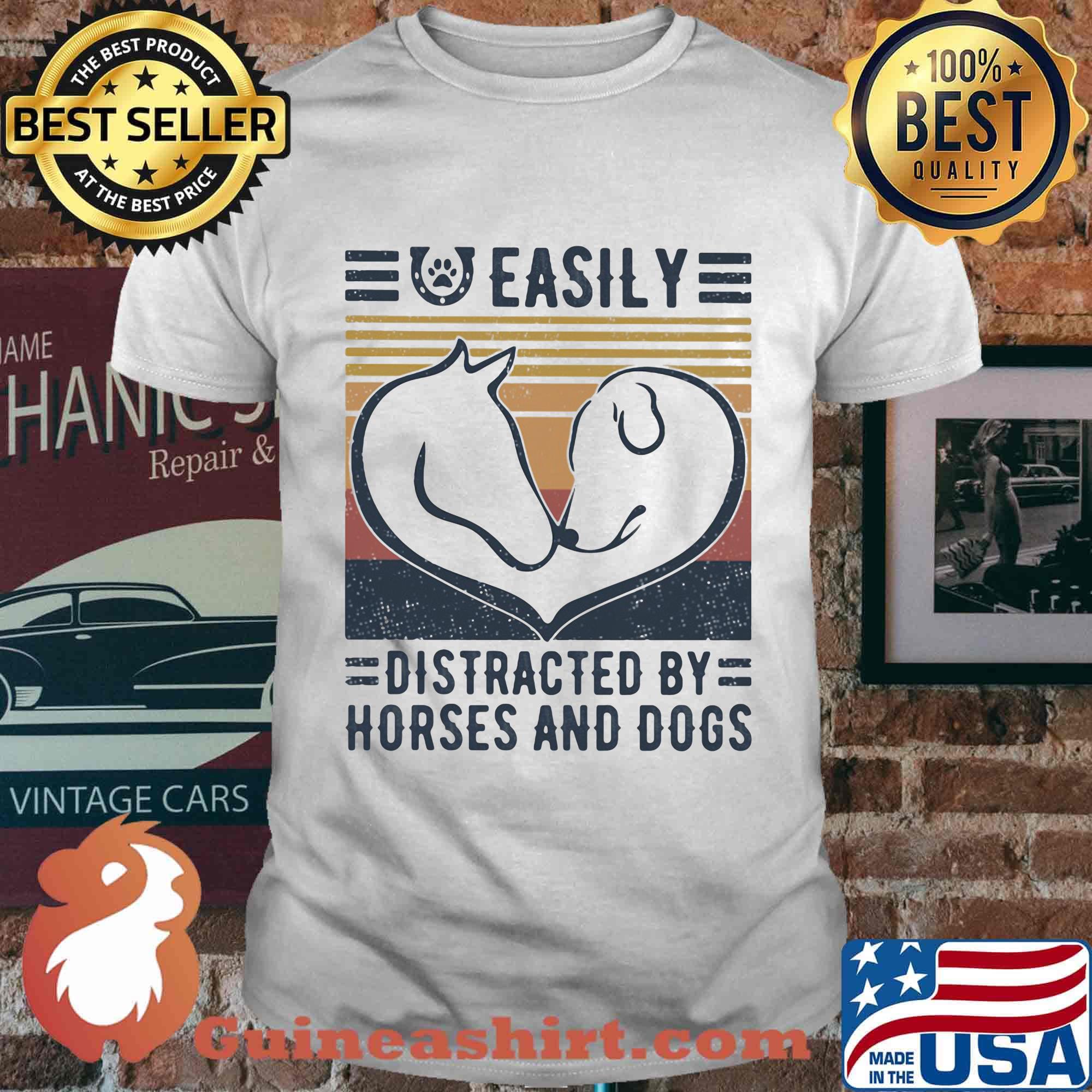Easily Distracted By Horses And Dog Vingtage Retro Shirt