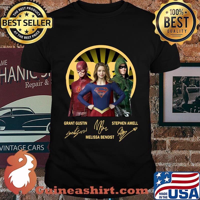 Flash supergirl and arrow grant gustin melissa benoist stephen amell signatures shirt