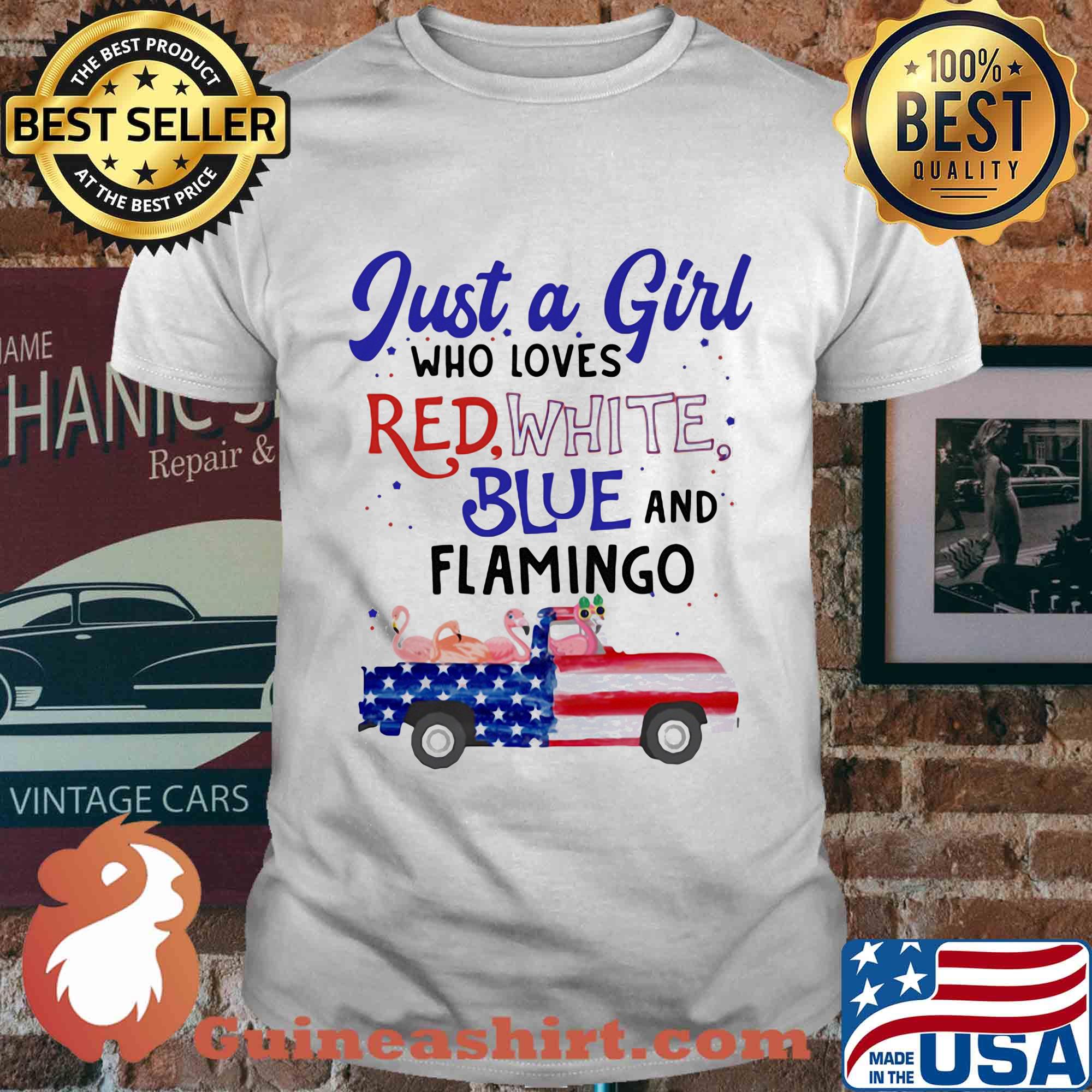 Just a girl who loves red white blue and flamingo american flag independence day shirt