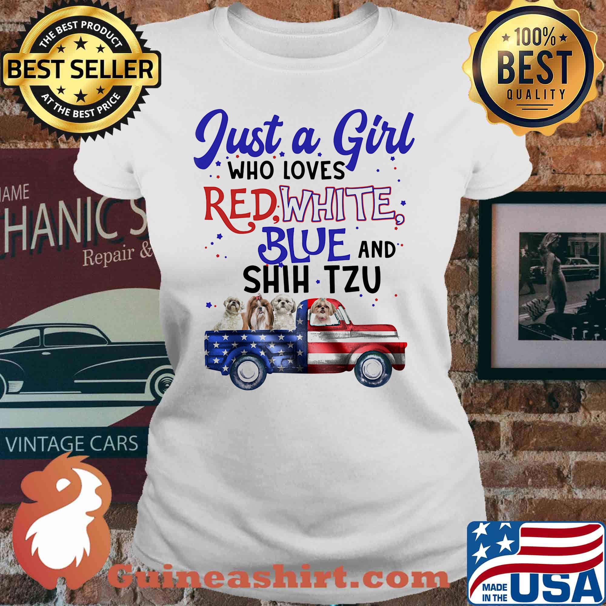 Just a girl who loves red white blue and shih tzu american flag independence day s V-neck