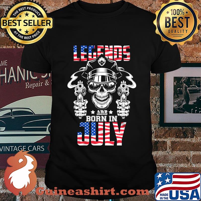 Legends born in July skull wear glasses gun American flag shirt