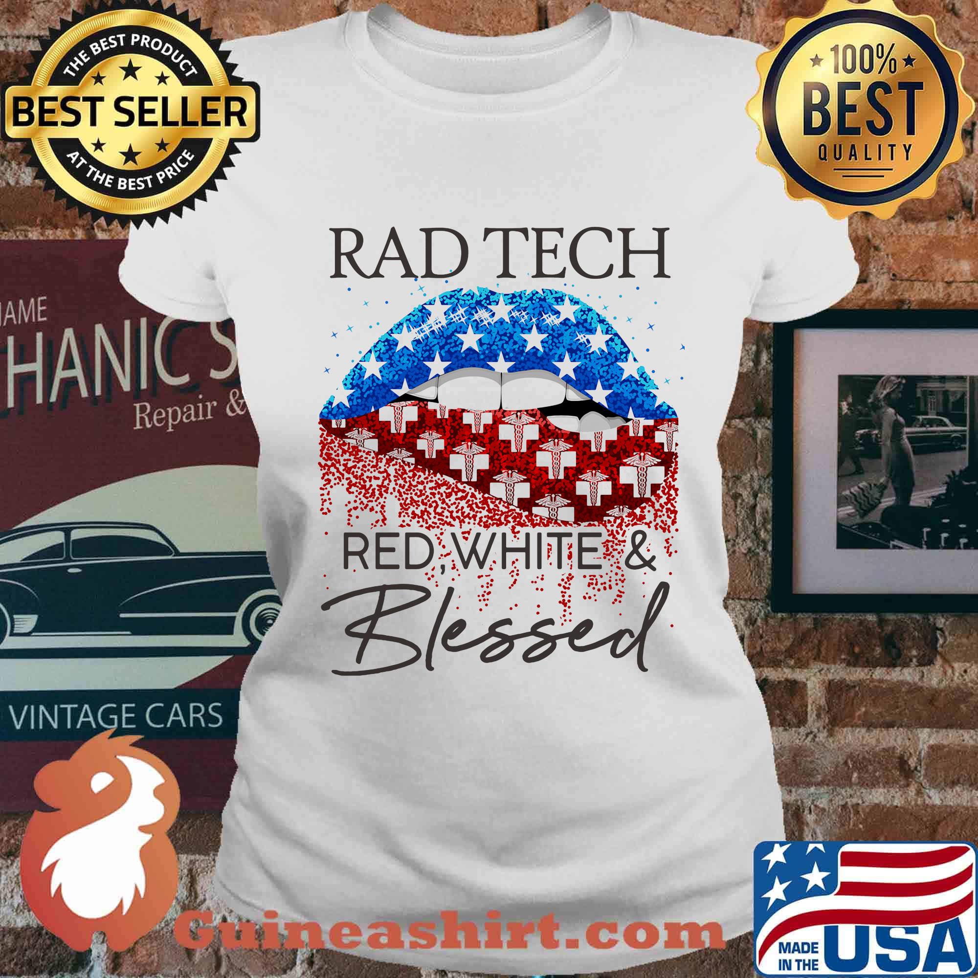 Lips rad tech red white and blessed american flag independence day s Ladies tee