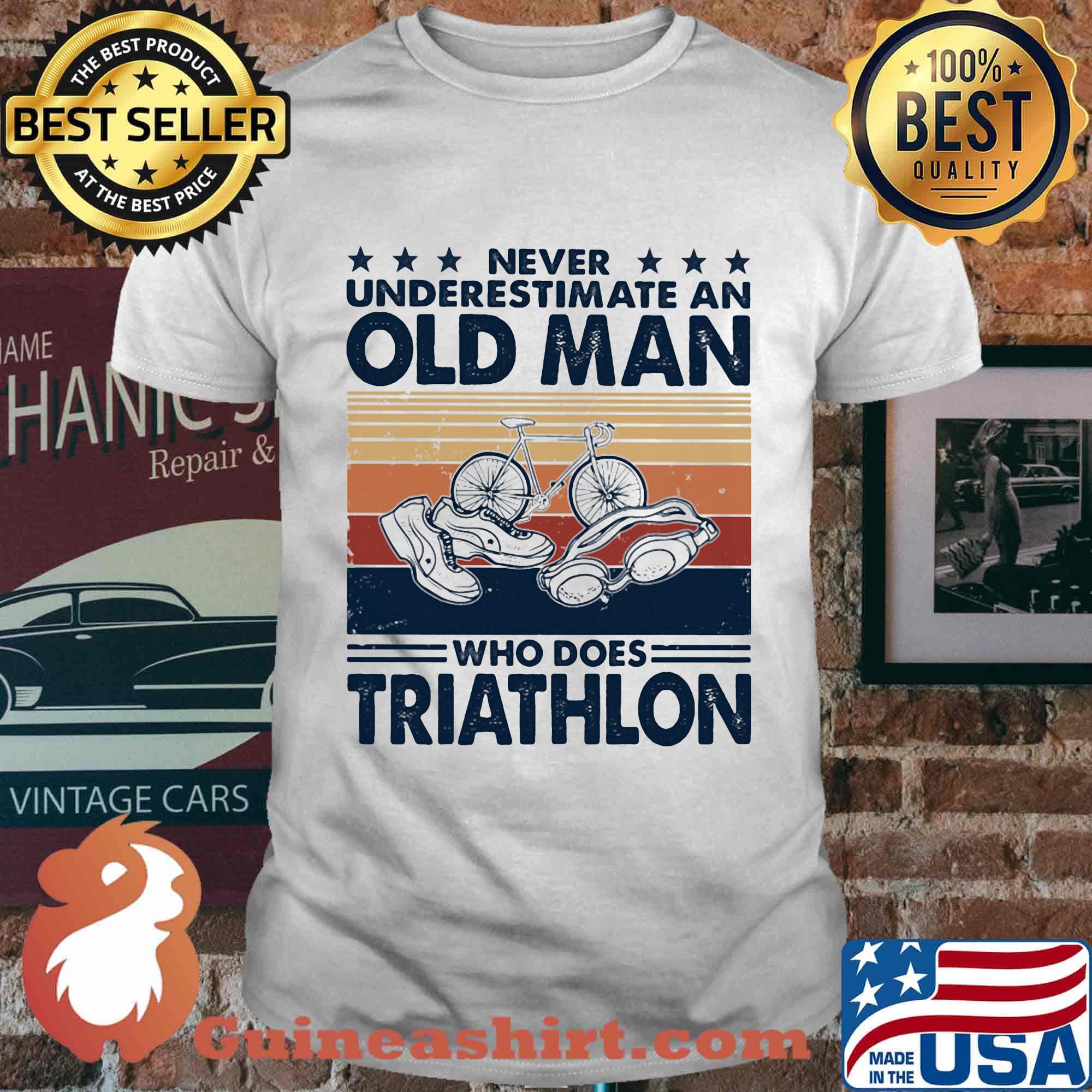 Never underestimate an old man who does triathlon vintage retro stars shirt