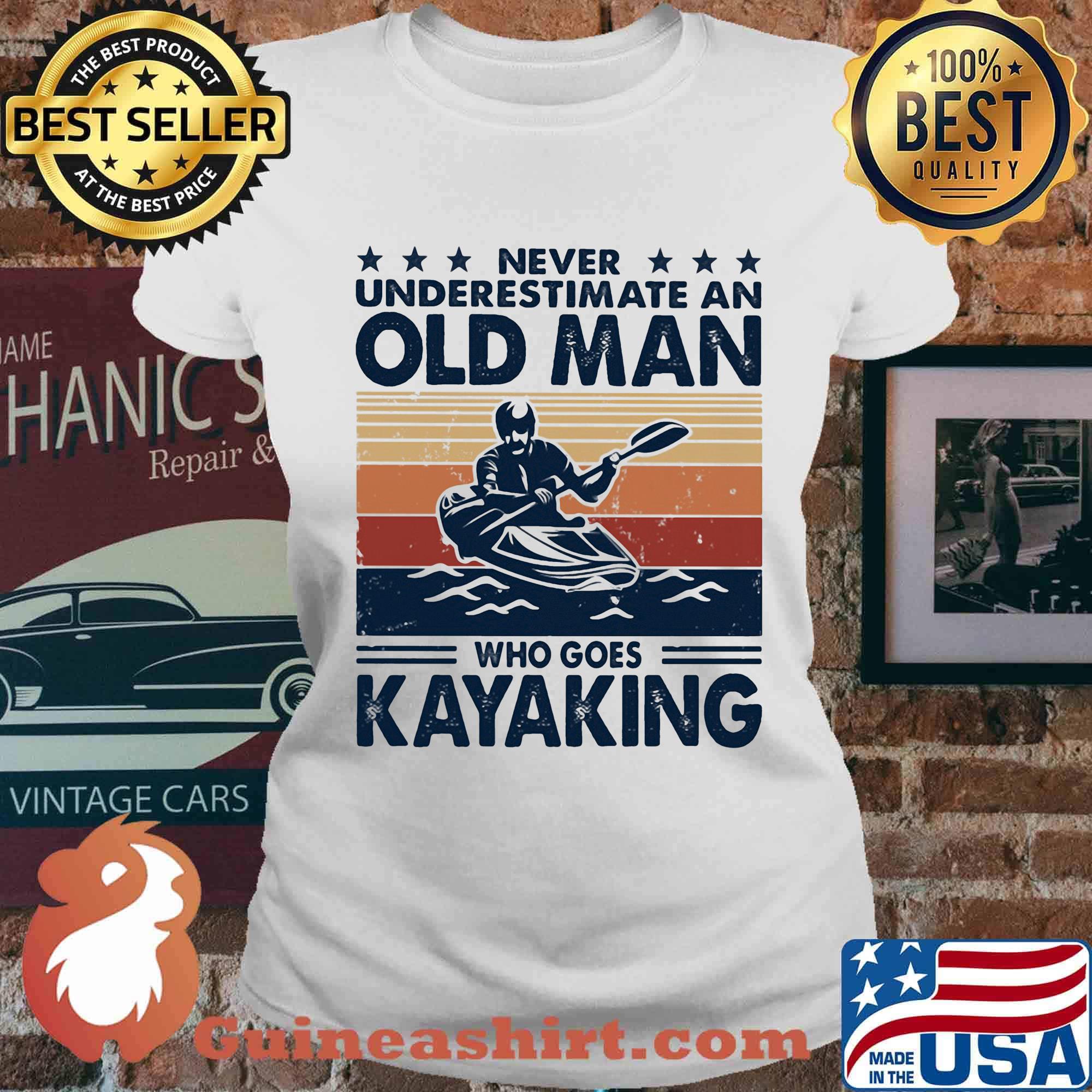 Never underestimate an old man who goes kayaking vintage retro stars s Ladies tee