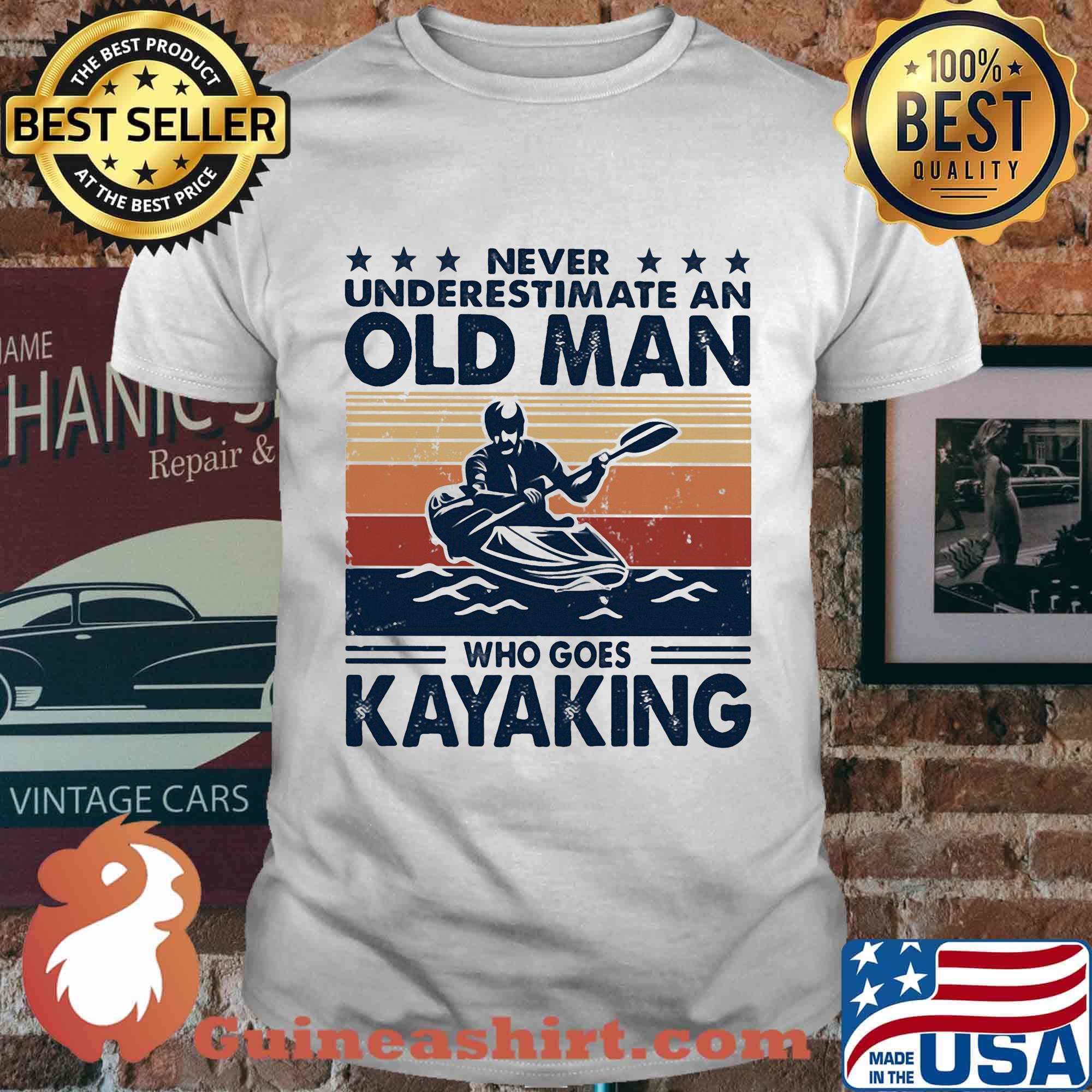 Never underestimate an old man who goes kayaking vintage retro stars shirt