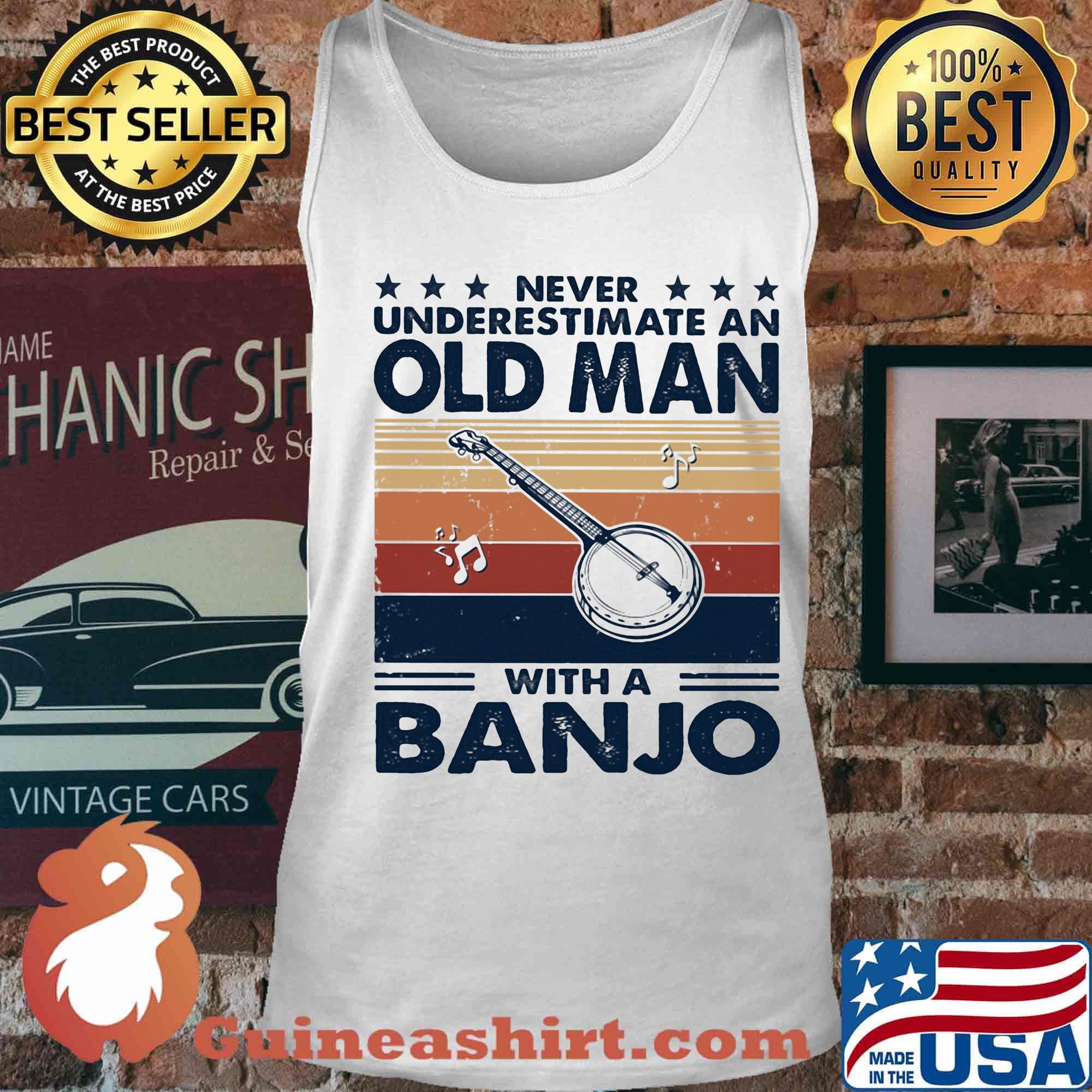 Never underestimate an old man with a banjo vintage retro stars s Tank top
