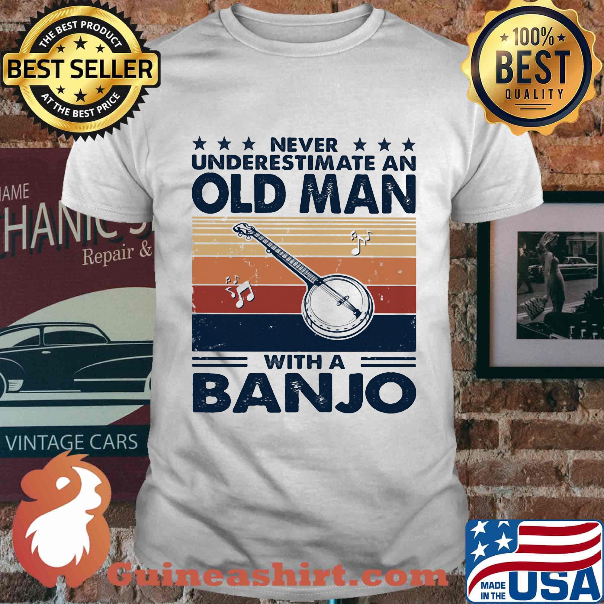 Never underestimate an old man with a banjo vintage retro stars shirt