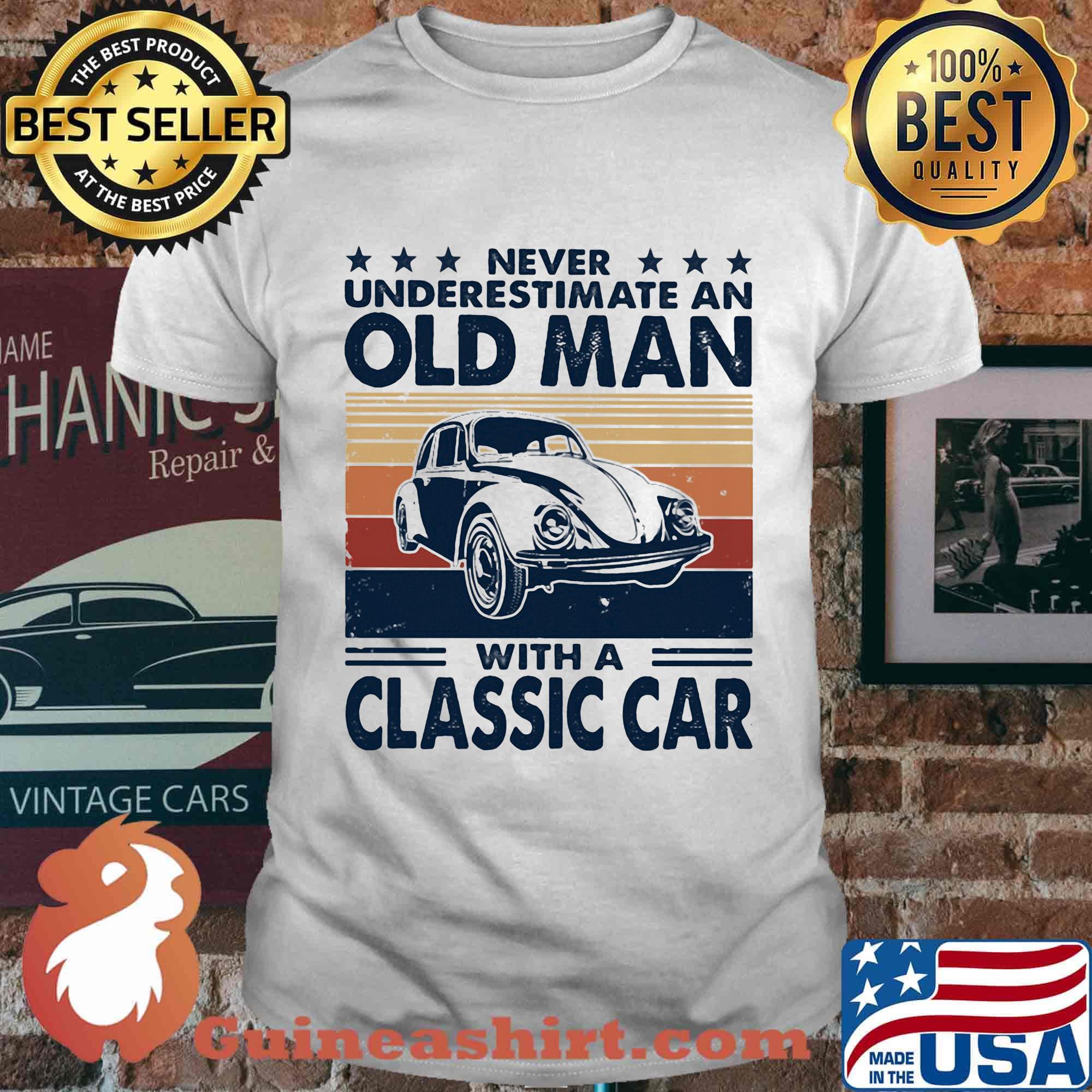 Never underestimate an old man with a classic car vintage retro stars shirt