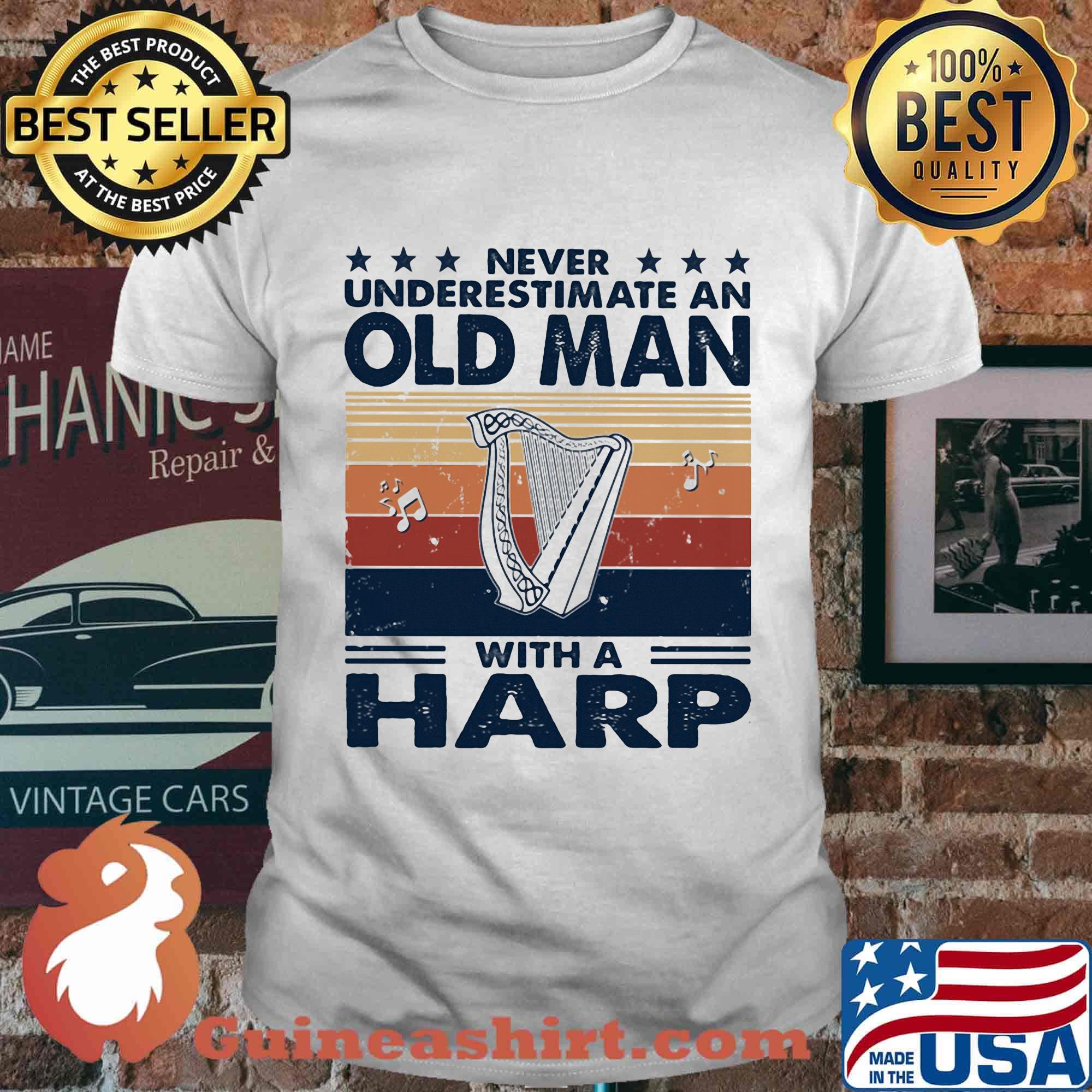 Never underestimate an old man with a harp vintage retro stars shirt