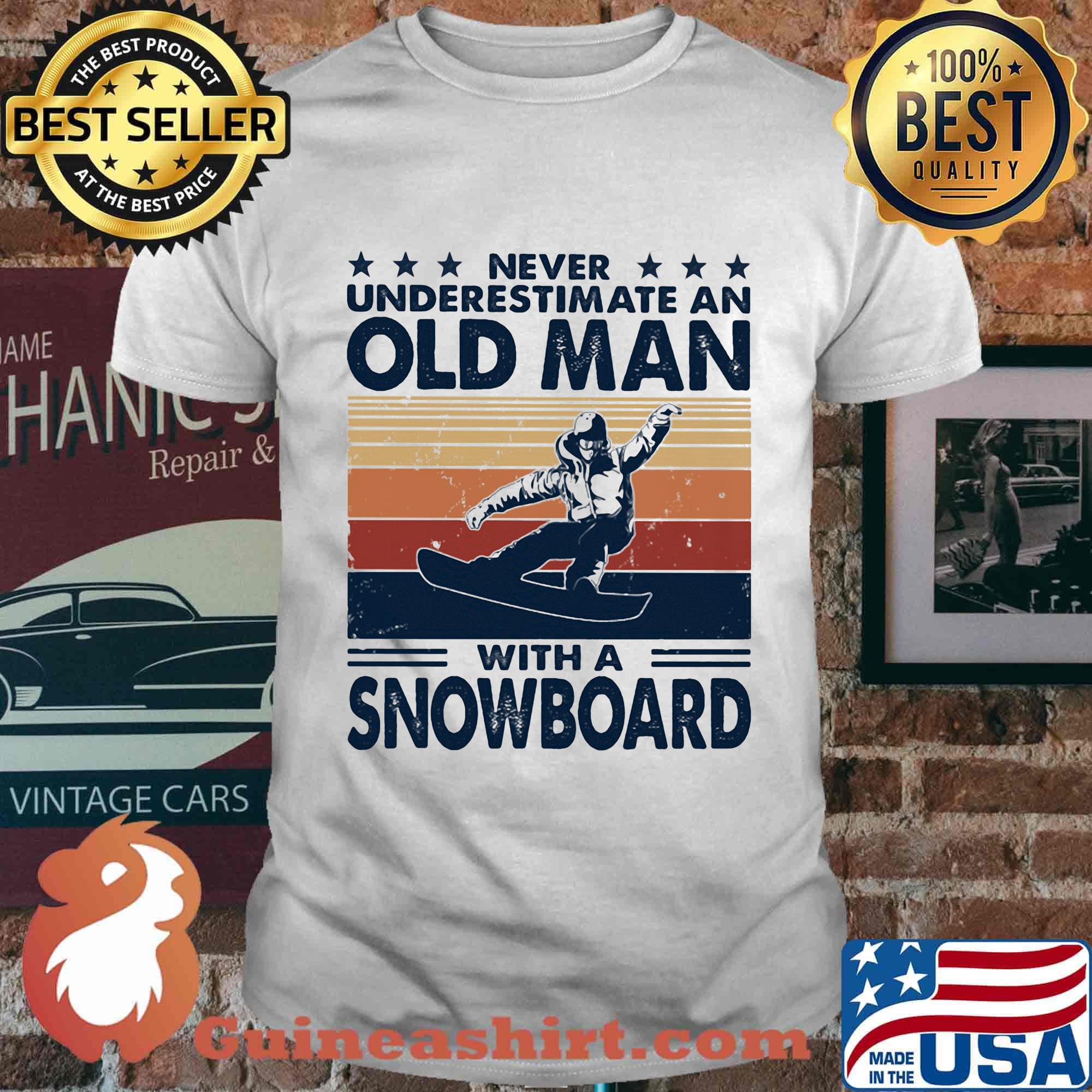 Never underestimate an old man with a snowboard vintage retro stars shirt