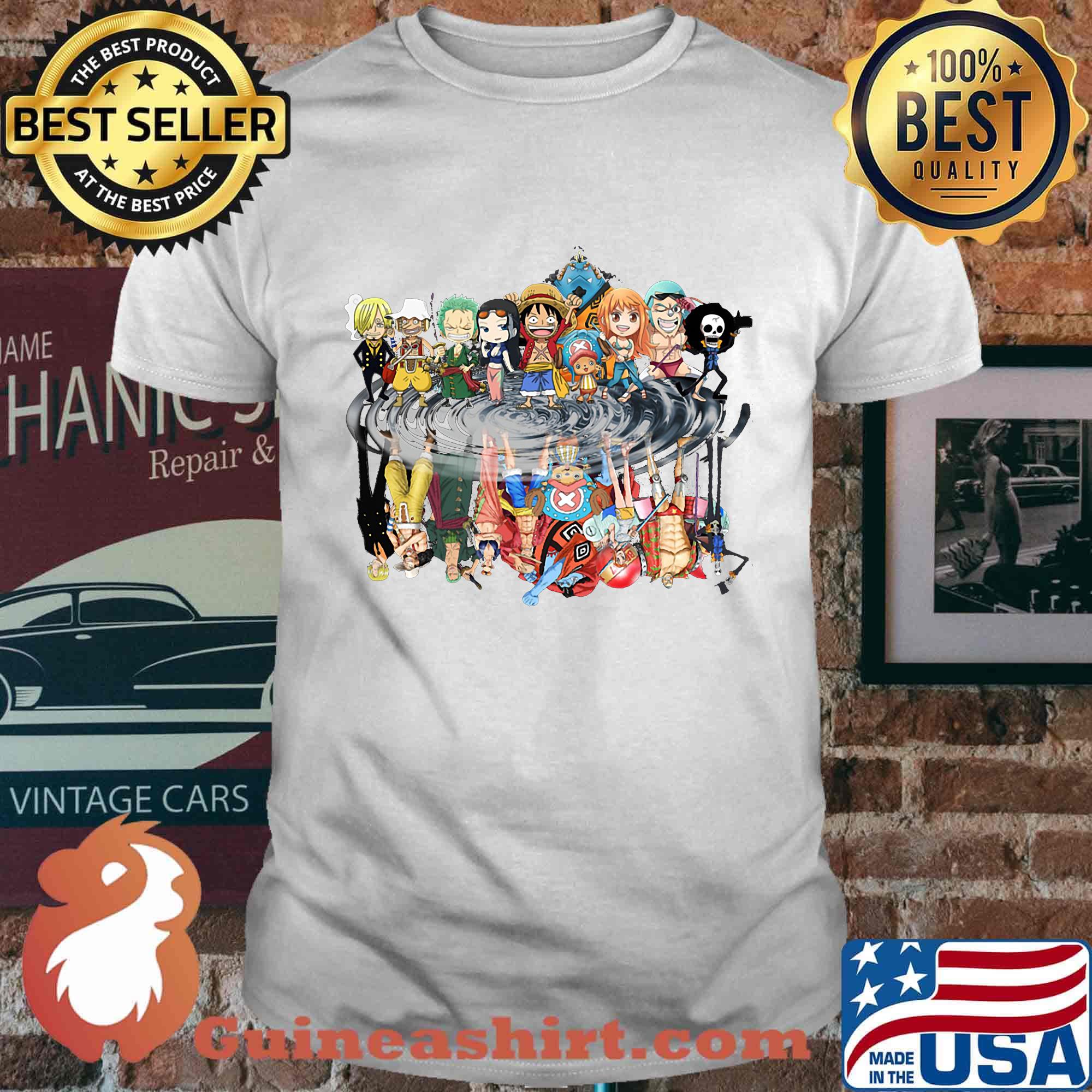One piece cartoon chibi characters water reflection shirt