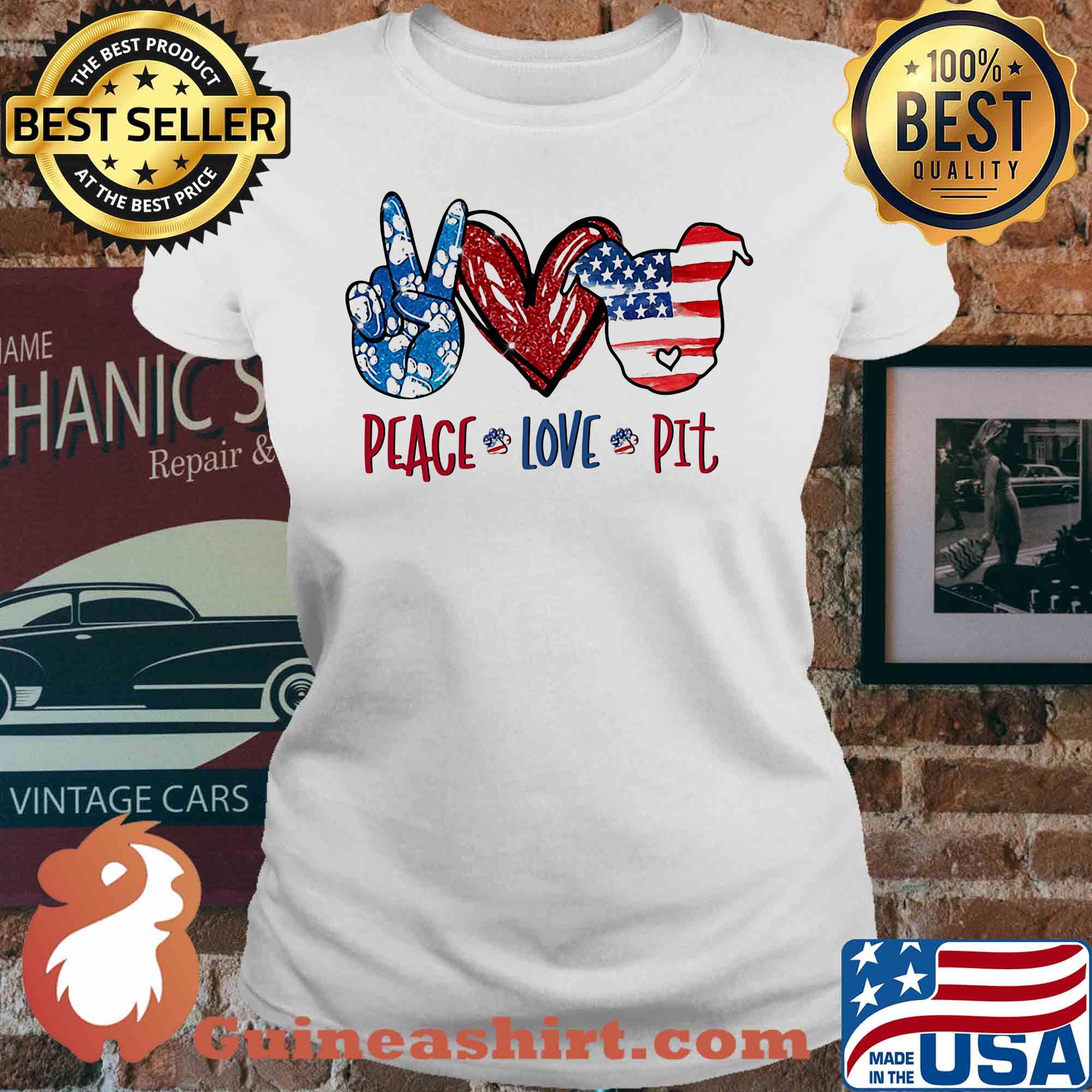 Peace love pitbull heart American flag veteran Independence day s V-neck