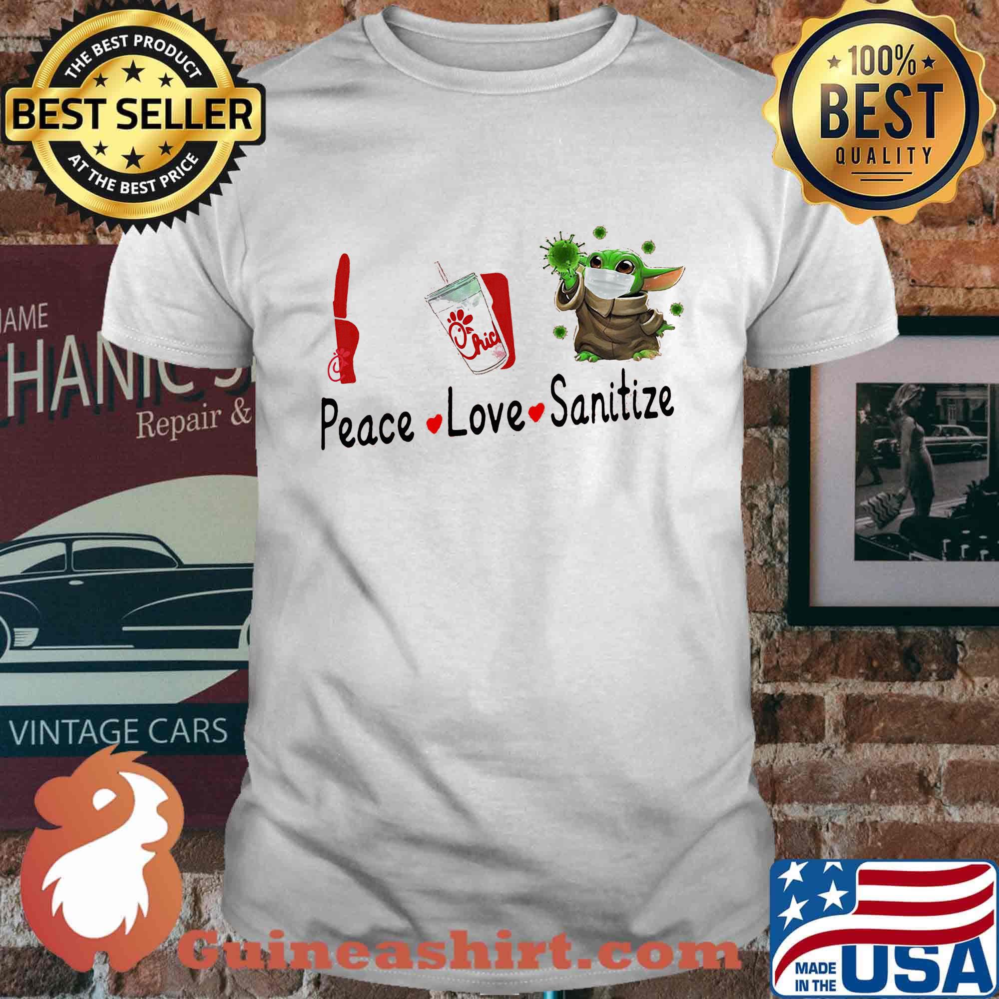 Peace love sanitize baby yoda mask covid-19 chick fil logo shirt